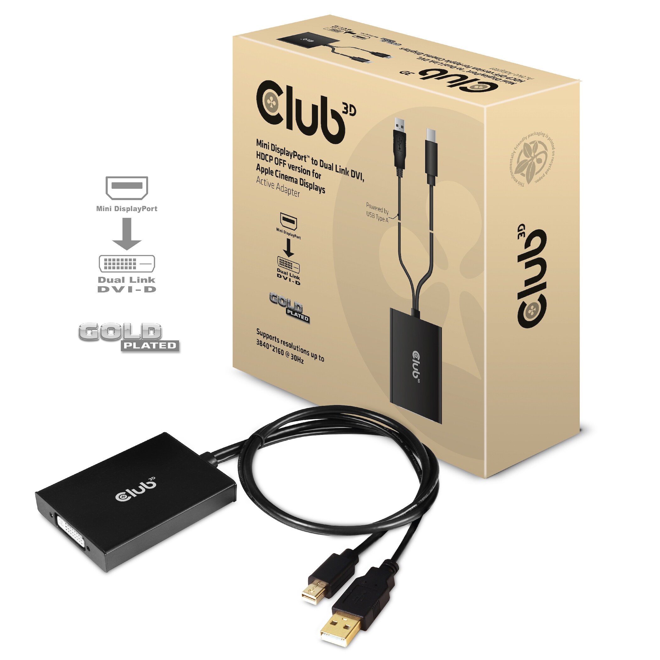 Club 3D MiniDP Adapter mDP zu DVI Dual Link aktiv HDCP OFF St./Bu. 0,6m schwarz