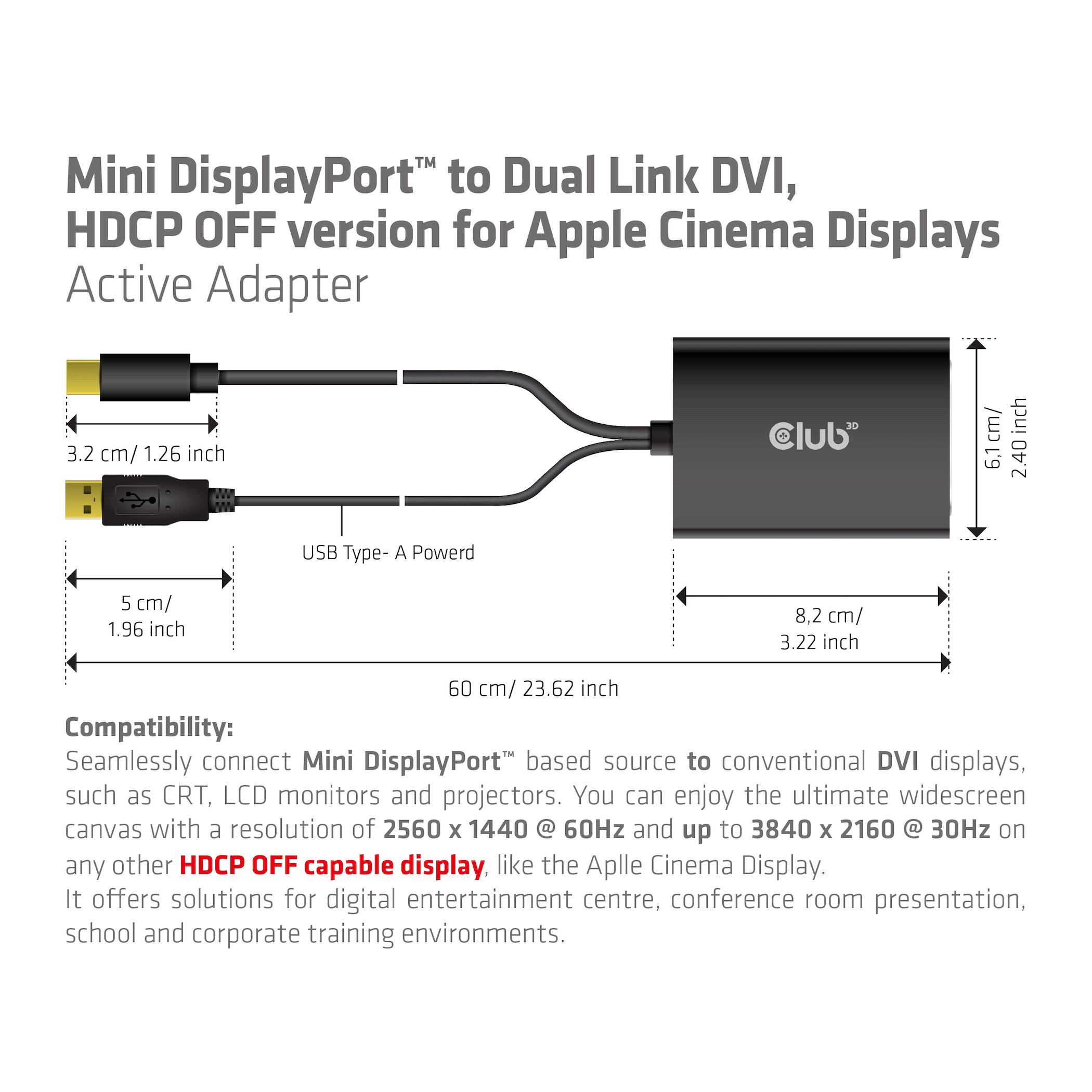 Club 3D MiniDP Adapter mDP zu DVI Dual Link aktiv HDCP OFF St./Bu. 0,6m schwarz