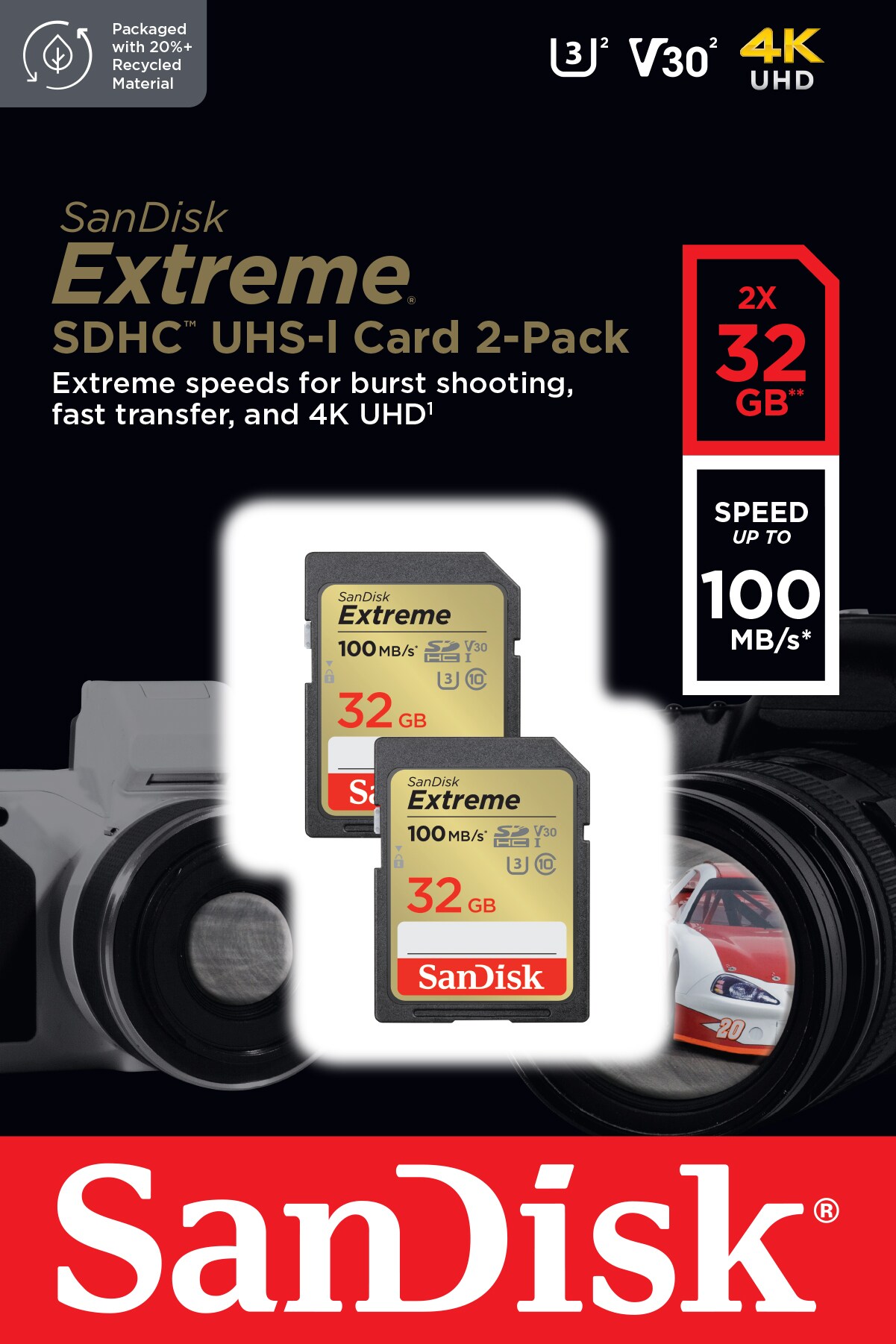 SanDisk Extreme 32 GB SDHC Speicherkarte (2022) bis 100MB/s,Cl10,U3,V30 2er Pack