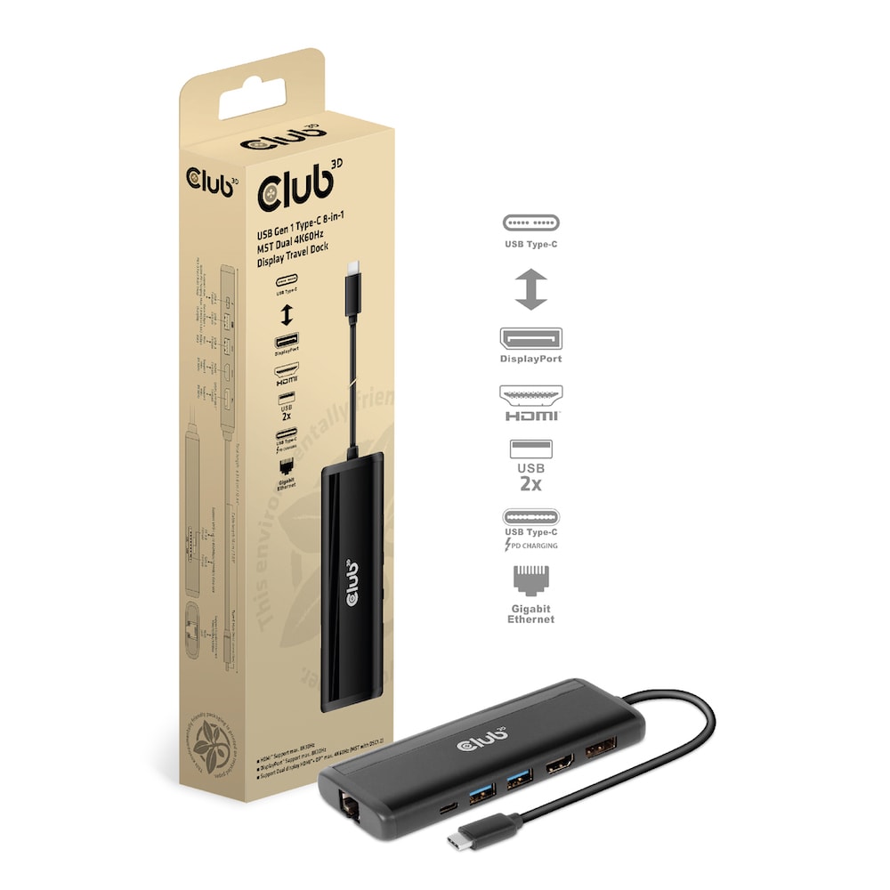 Club 3D USB Gen 1 Typ-C 8-in-1 MST Dual 4K60Hz Display Travel Dock