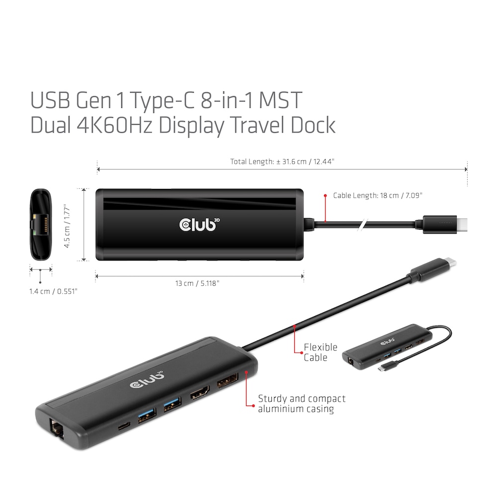 Club 3D USB Gen 1 Typ-C 8-in-1 MST Dual 4K60Hz Display Travel Dock
