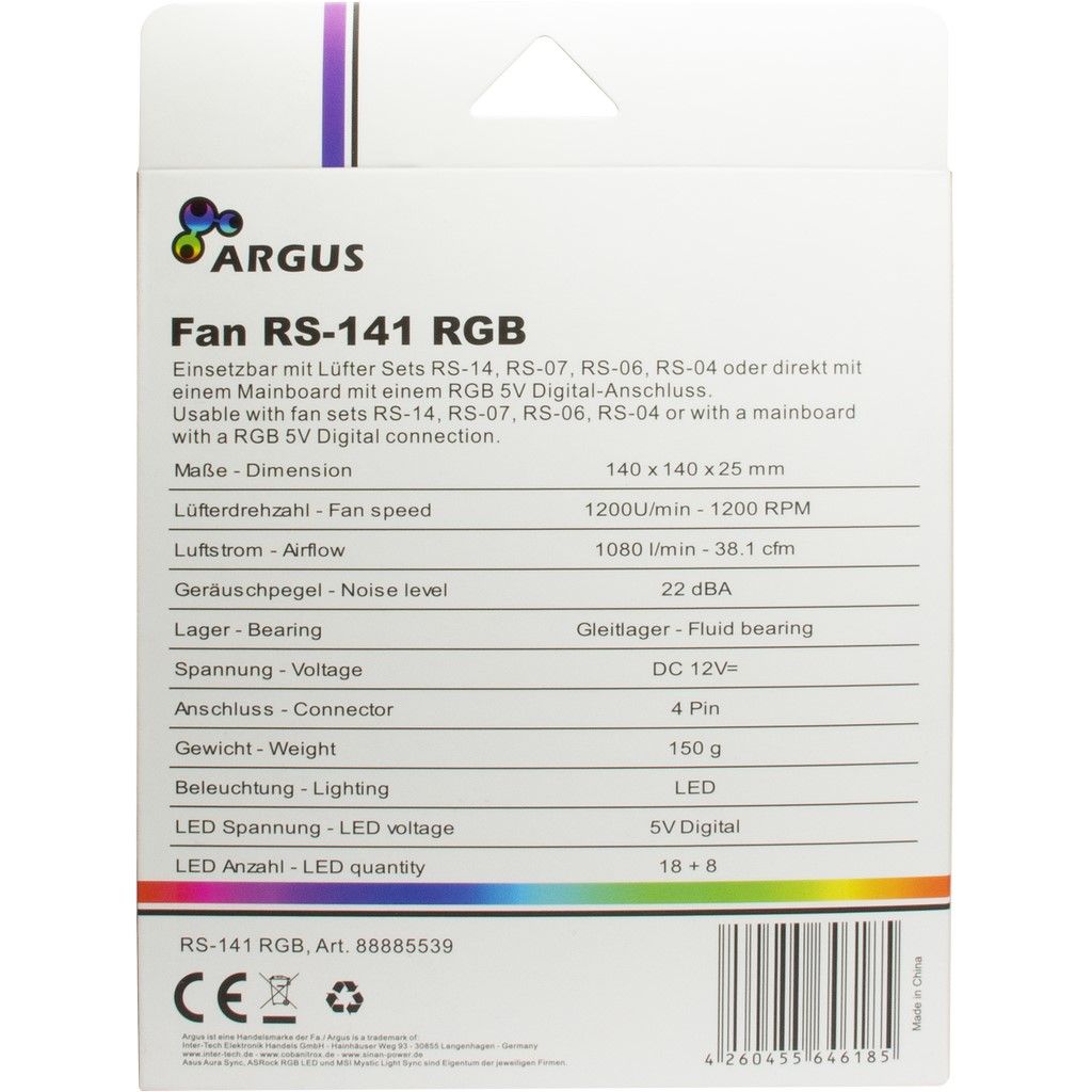 Inter-Tech Argus RS-141 LED, 140 mm Gehäuselüfter mit RGB Beleuchtung