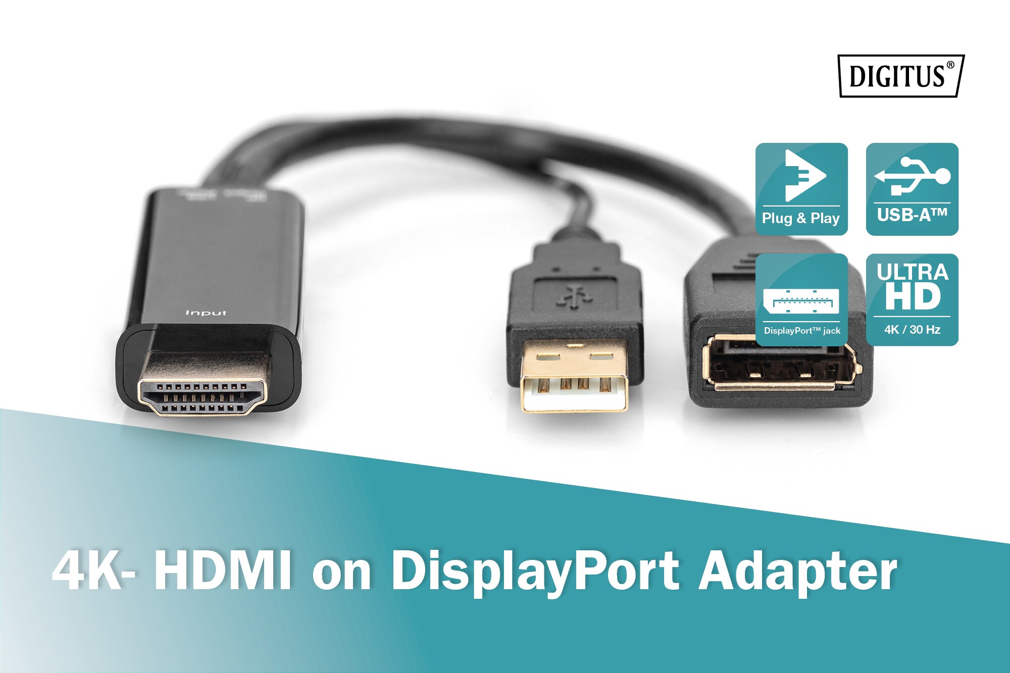 DIGITUS HDMI Adapter auf DisplayPort mit externer Stromversorgung 4K@30Hz. 0,2 m