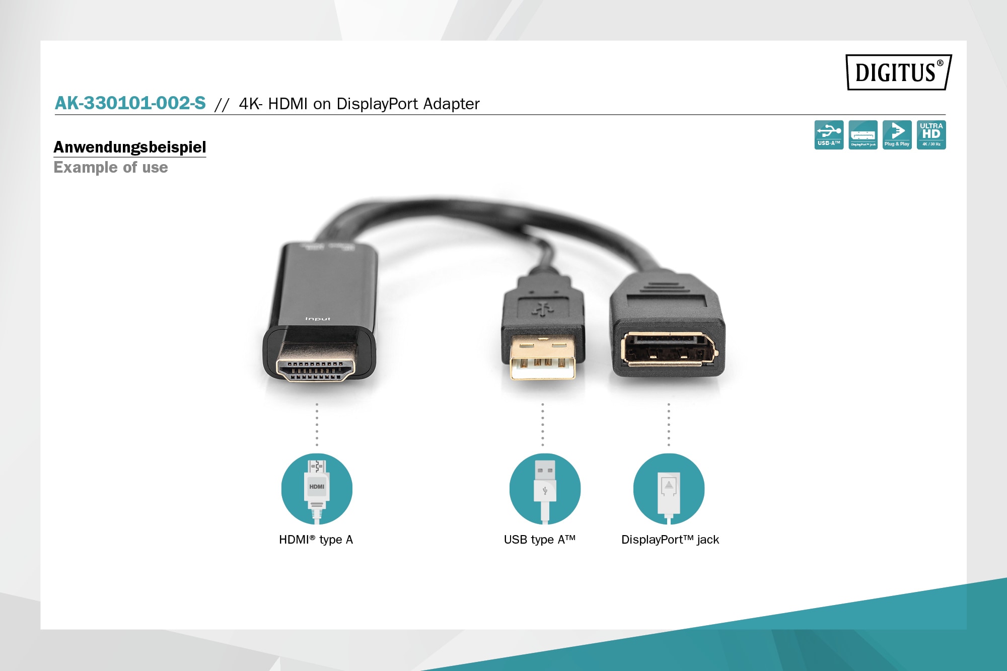 DIGITUS HDMI Adapter auf DisplayPort mit externer Stromversorgung 4K@30Hz. 0,2 m