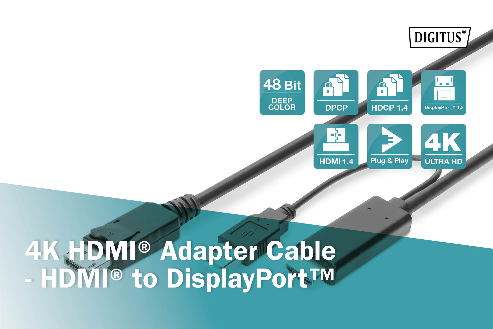 DIGITUS Adapterkabel HDMI auf DisplayPort,4K@30Hz externe Stromquelle, 2m