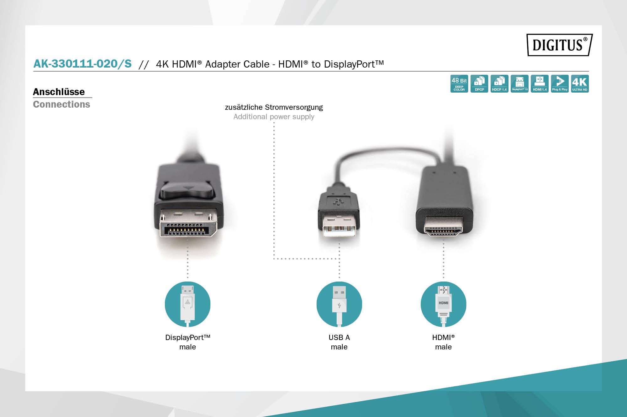 DIGITUS Adapterkabel HDMI auf DisplayPort,4K@30Hz externe Stromquelle, 2m