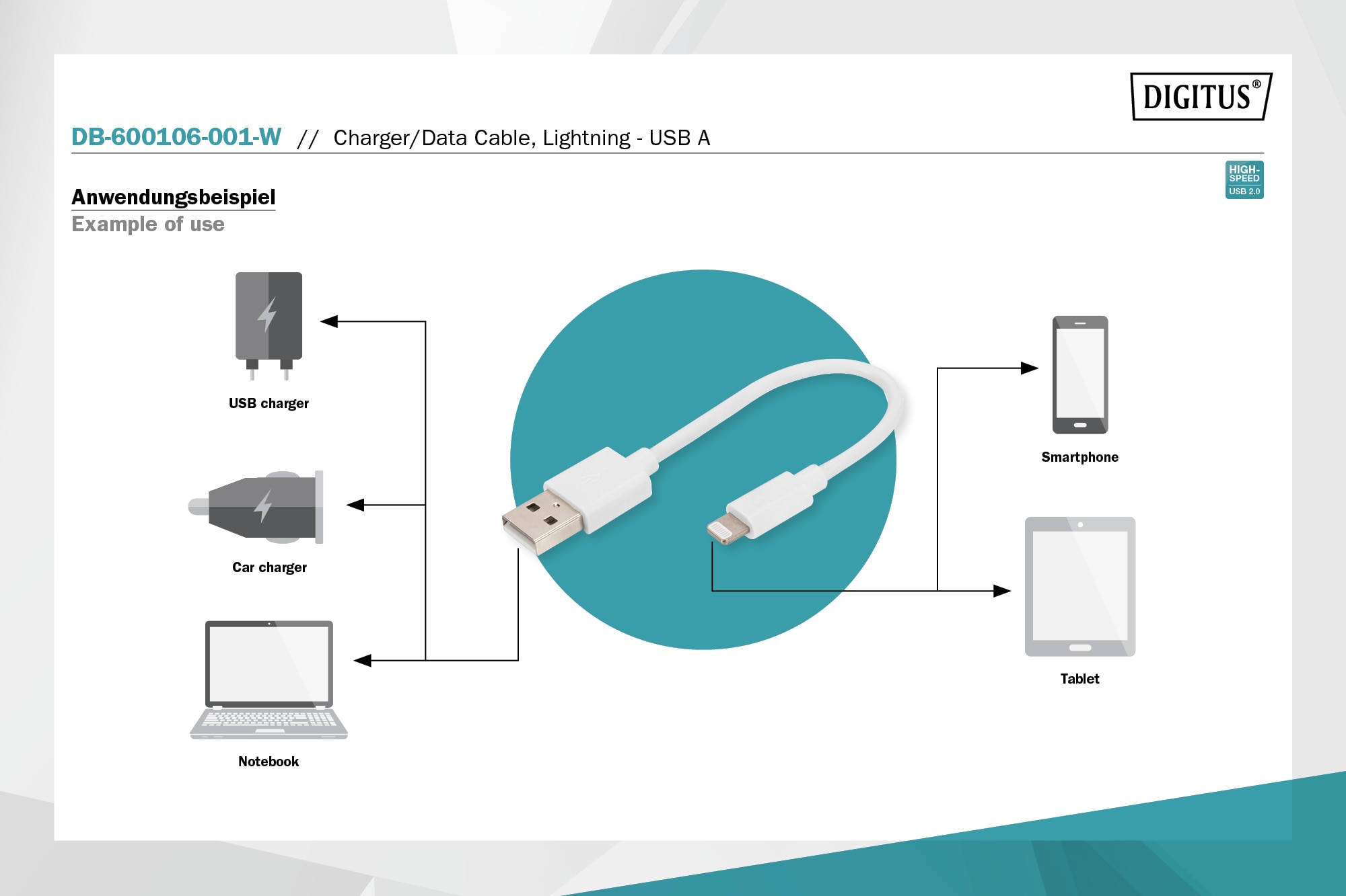 DIGITUS Daten und Ladekabel USB-A zu Lightning, 0.15m, weiß