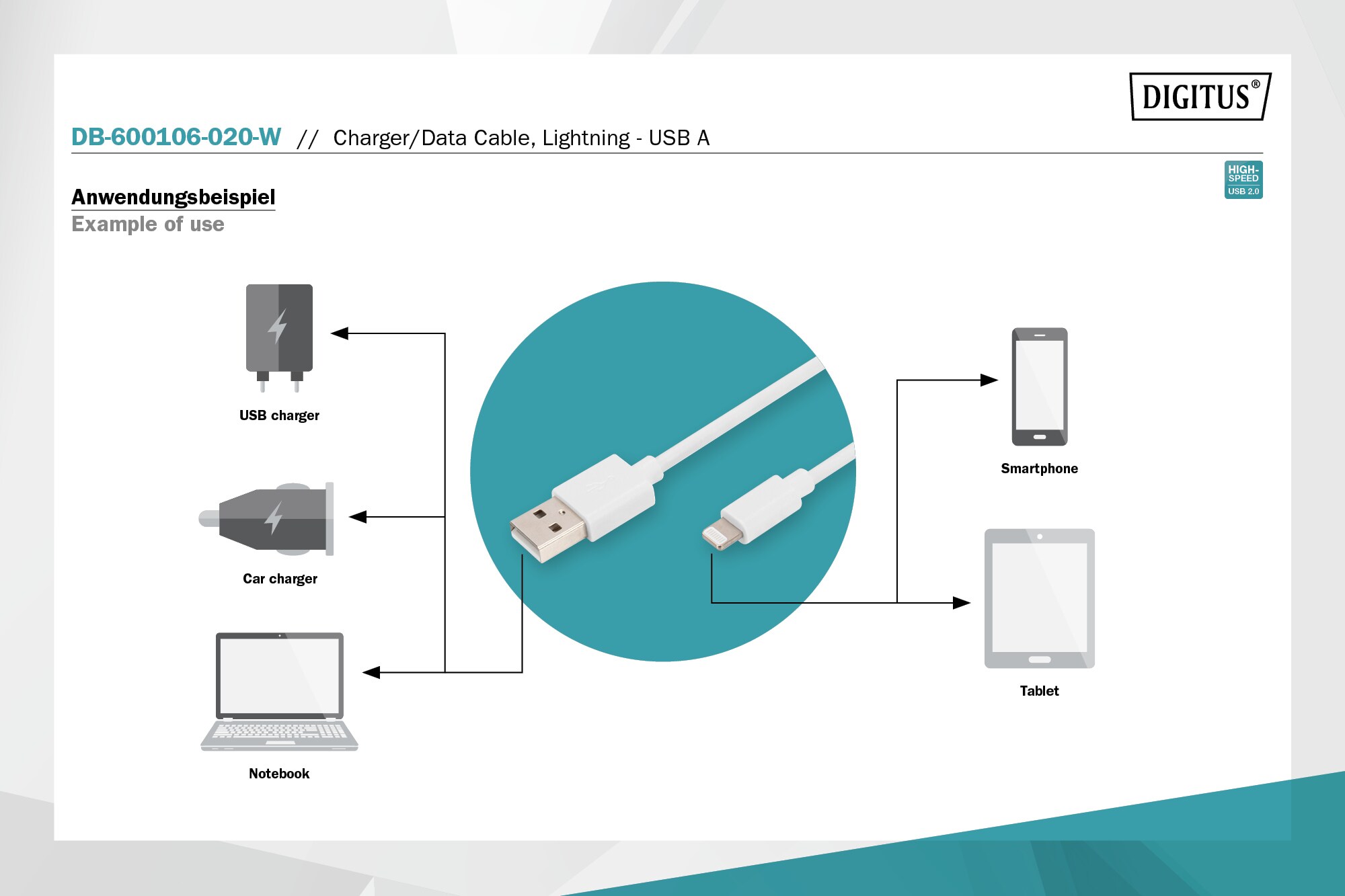 DIGITUS Daten und Ladekabel USB-A zu Lightning, 2m, weiß