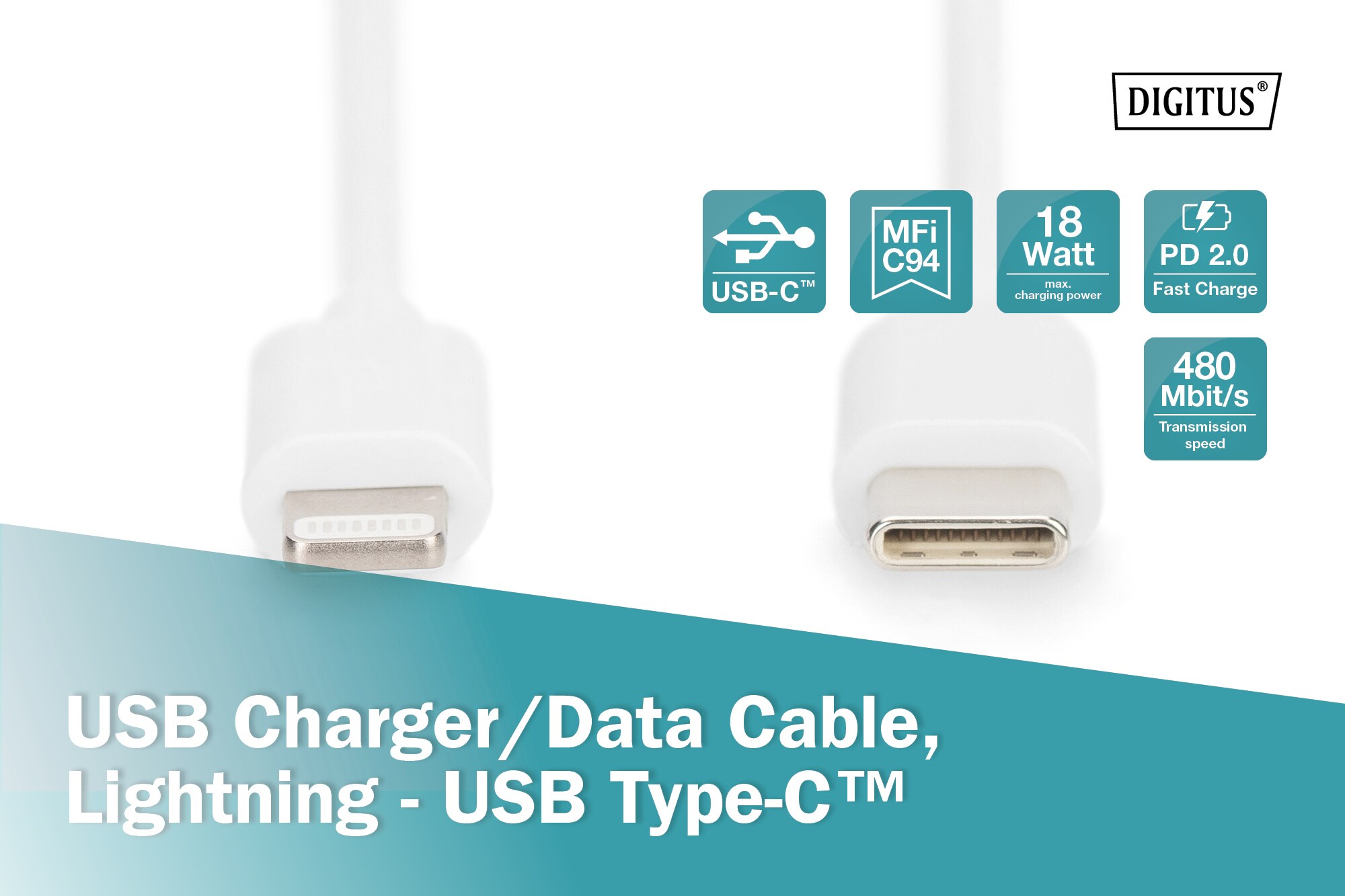 DIGITUS Daten- und Ladekabel USB-C zu Lightning, 0,15m, weiß