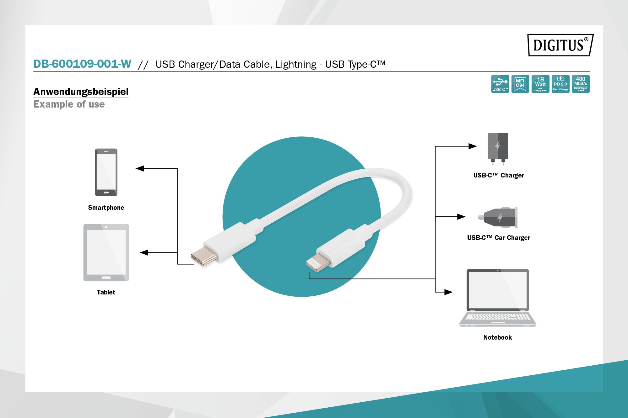 DIGITUS Daten- und Ladekabel USB-C zu Lightning, 0,15m, weiß