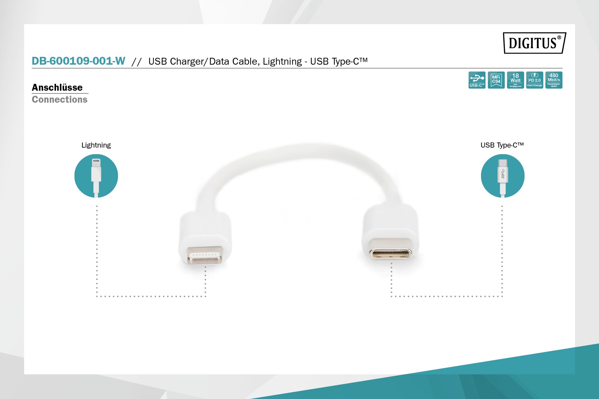 DIGITUS Daten- und Ladekabel USB-C zu Lightning, 0,15m, weiß