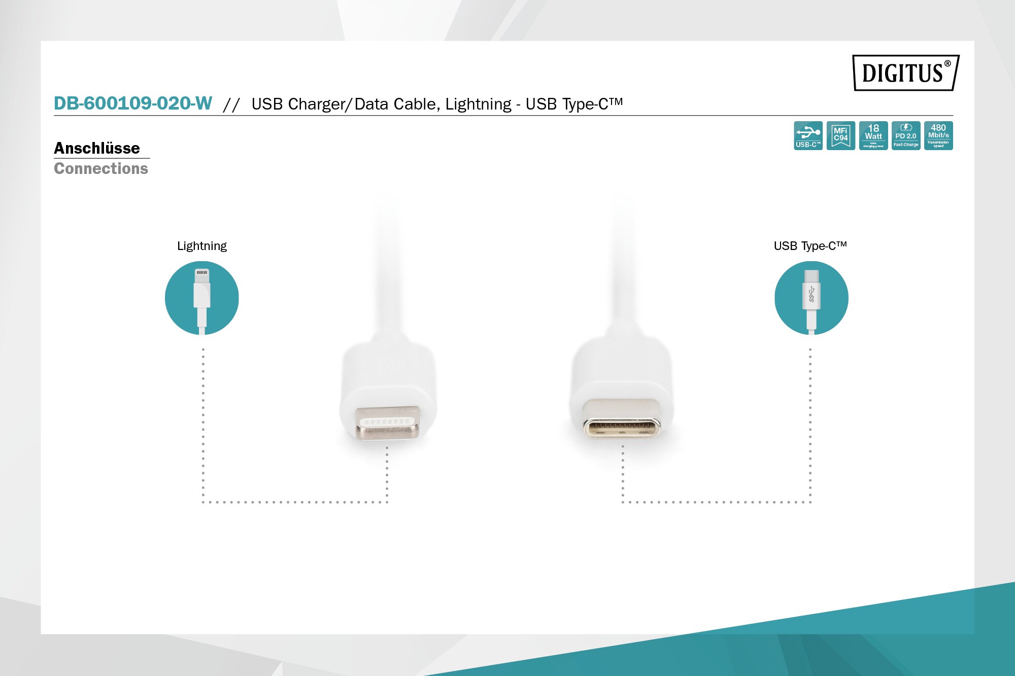 DIGITUS Daten- und Ladekabel USB-C zu Lightning, 2m, weiß