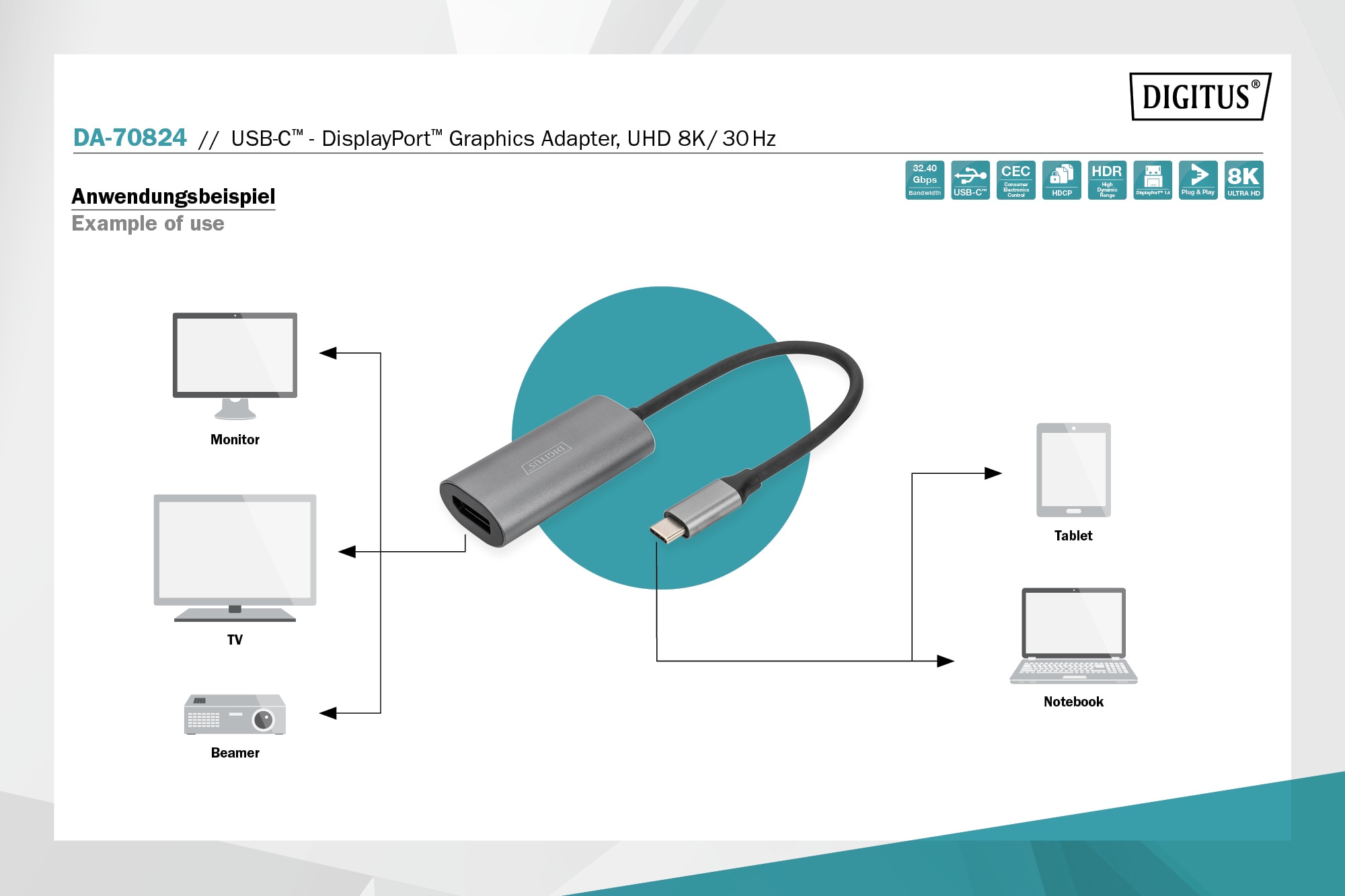 DIGITUS USB-C - DP Adapter, 20 cm 8K/30Hz, silber, Aluminium Gehäuse