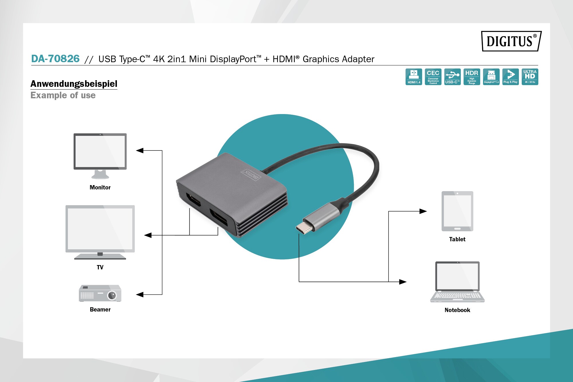 DIGITUS USB-C - DP + HDMI Adapter, 20 cm 4K/30Hz, Silber, Aluminium Gehäuse