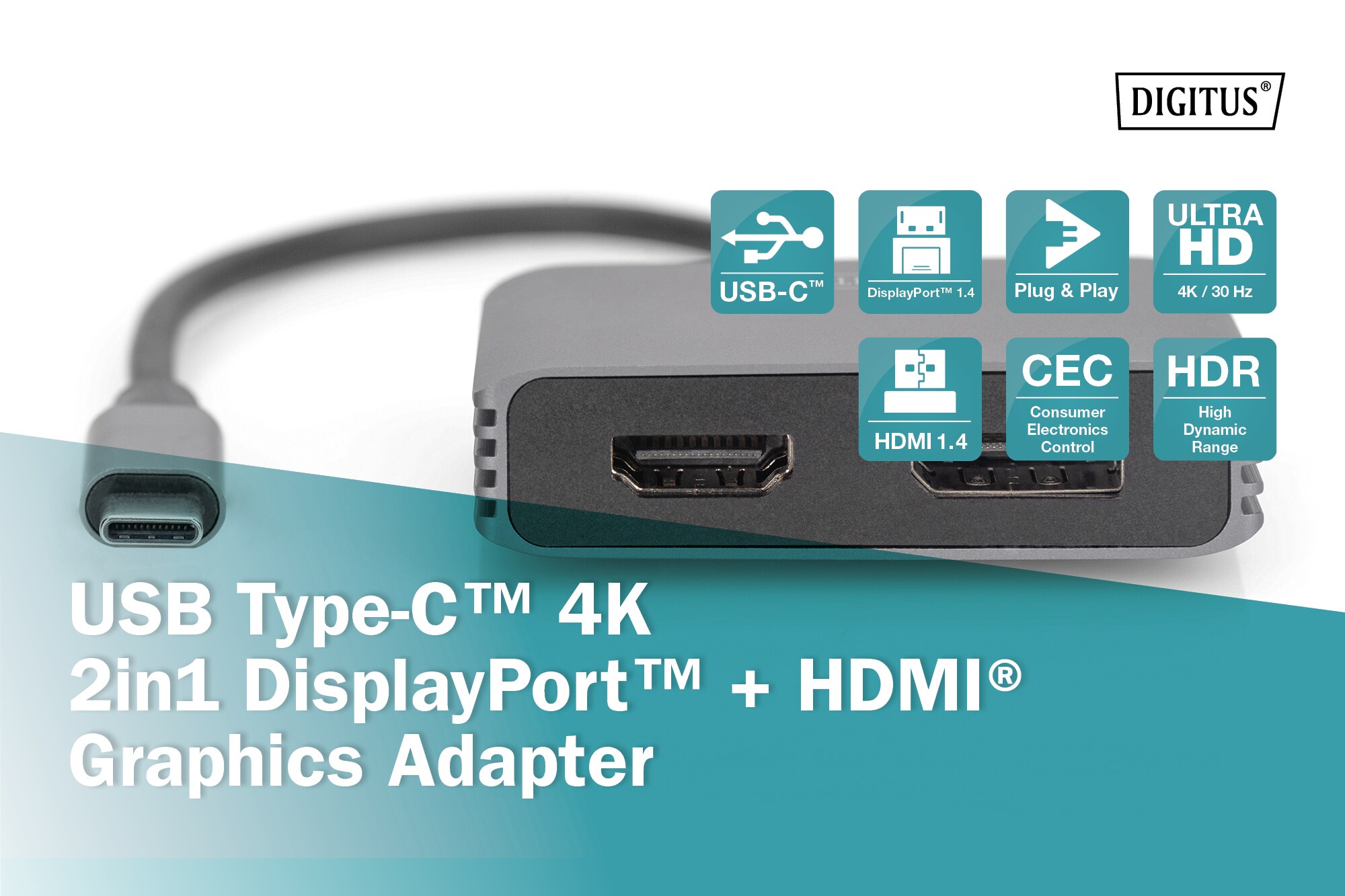 DIGITUS USB-C - DP + HDMI Adapter, 20 cm 4K/30Hz, Silber, Aluminium Gehäuse