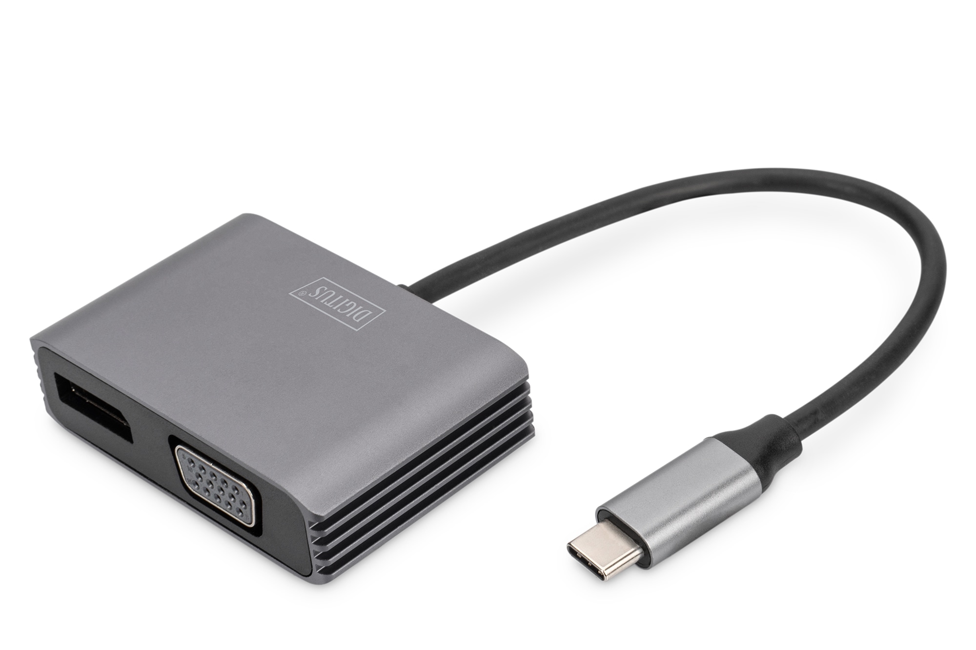 DIGITUS USB-C - DP + VGA Adapter, 20 cm 4K/30Hz, Silber, Aluminium Gehäuse