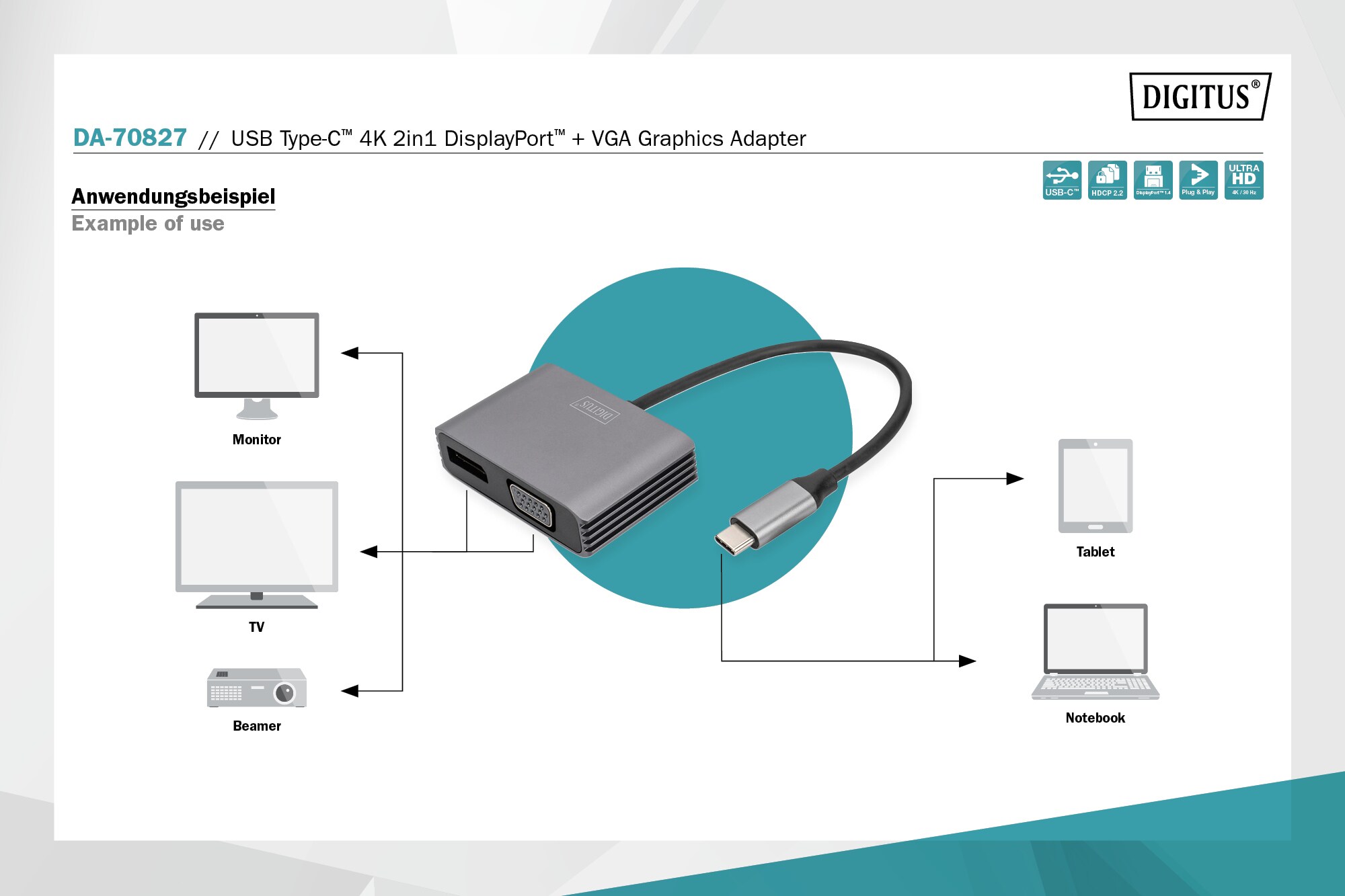 DIGITUS USB-C - DP + VGA Adapter, 20 cm 4K/30Hz, Silber, Aluminium Gehäuse