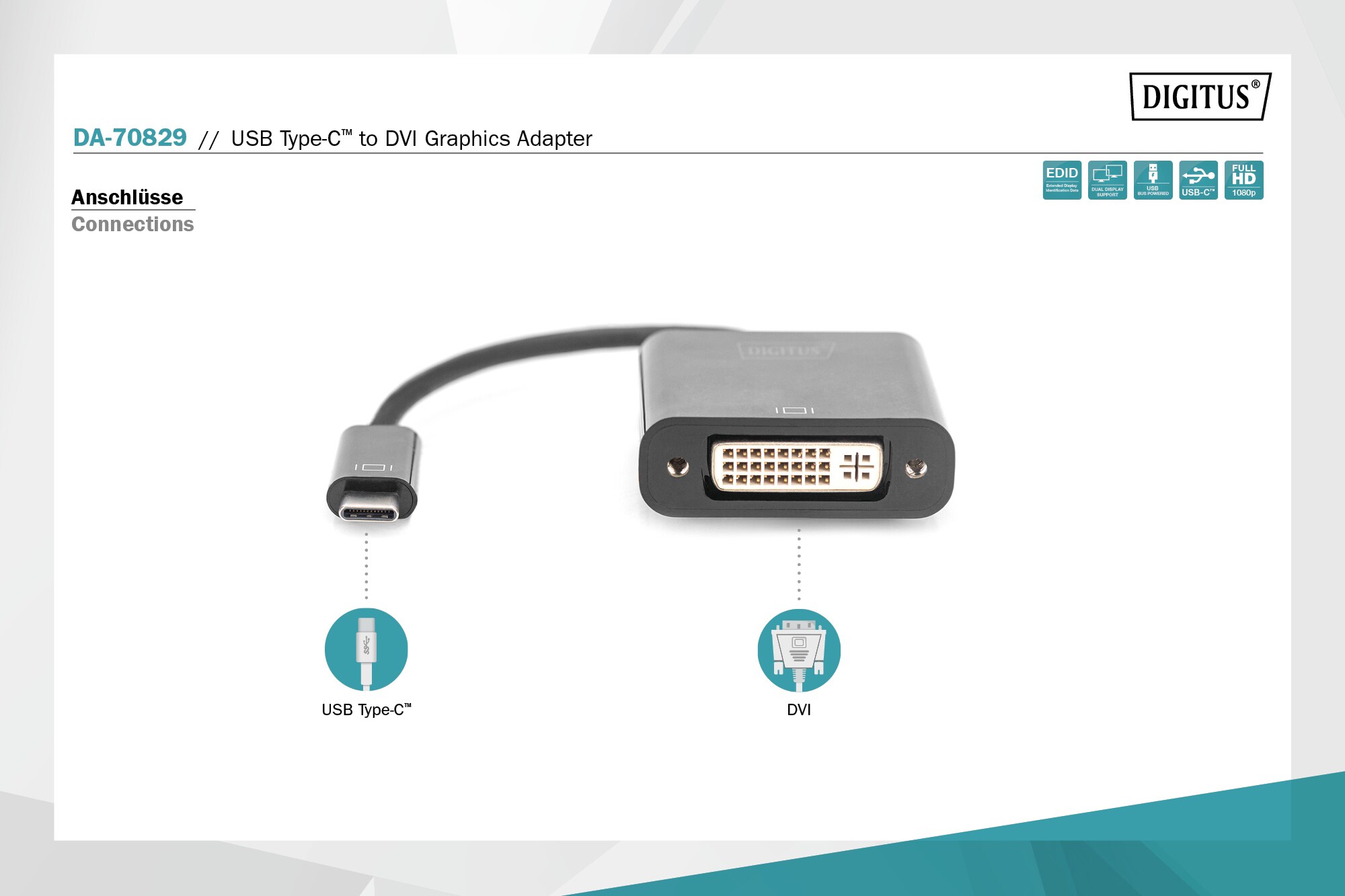 DIGITUS USB Type-C zu DVI Adapter 10cm Kabellänge, schwarz