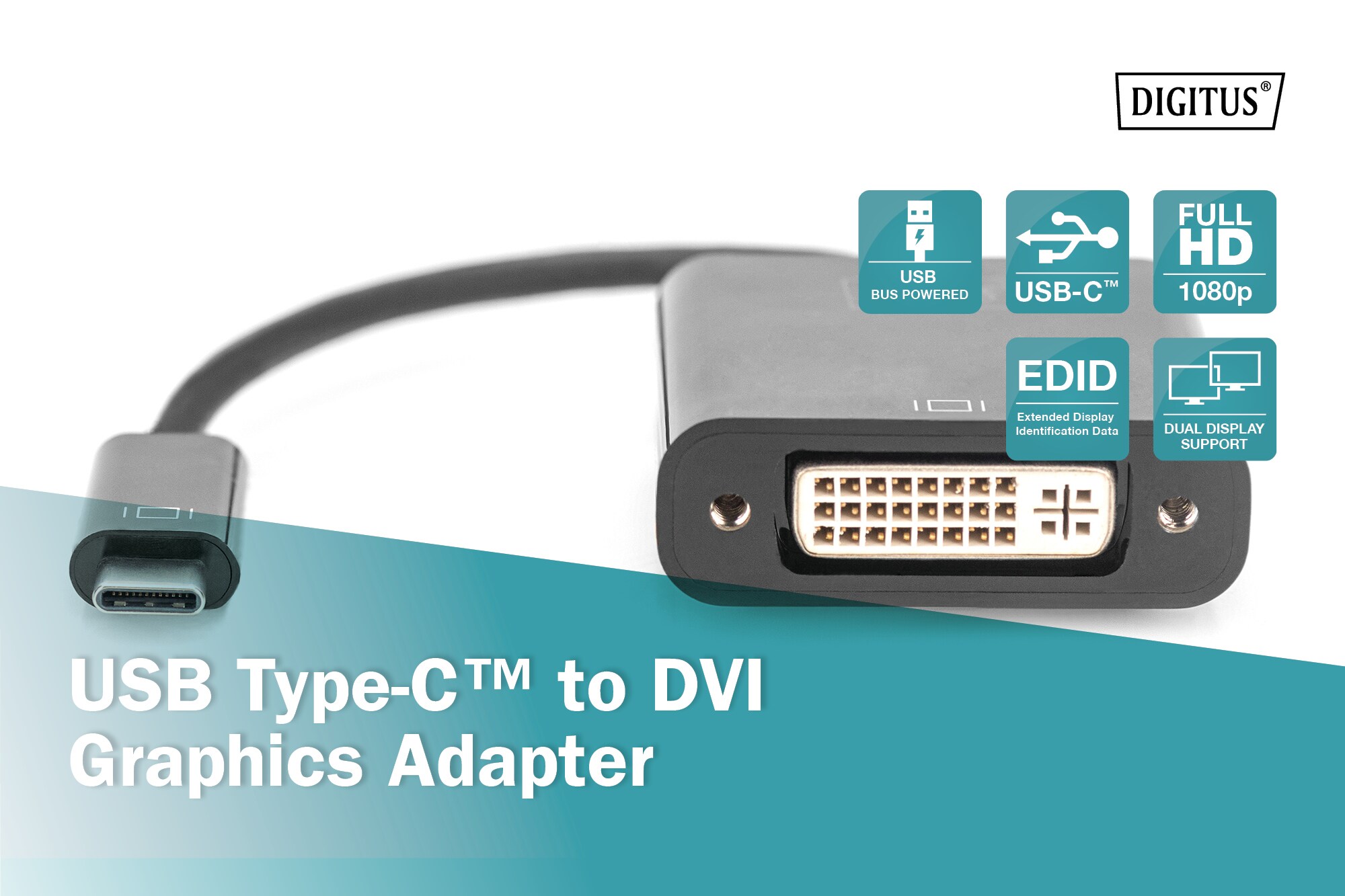 DIGITUS USB Type-C zu DVI Adapter 10cm Kabellänge, schwarz