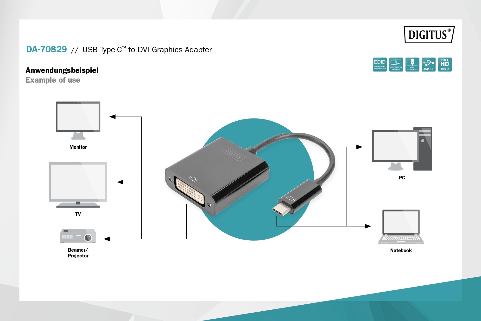 DIGITUS USB Type-C zu DVI Adapter 10cm Kabellänge, schwarz