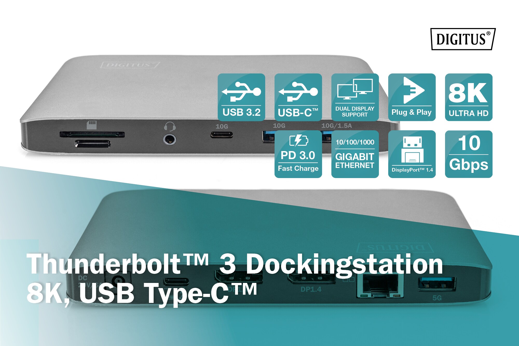 DIGITUS Universal Docking Station, USB 3.0, 7-Port, Travel 2x Video, 3x USB 3.0