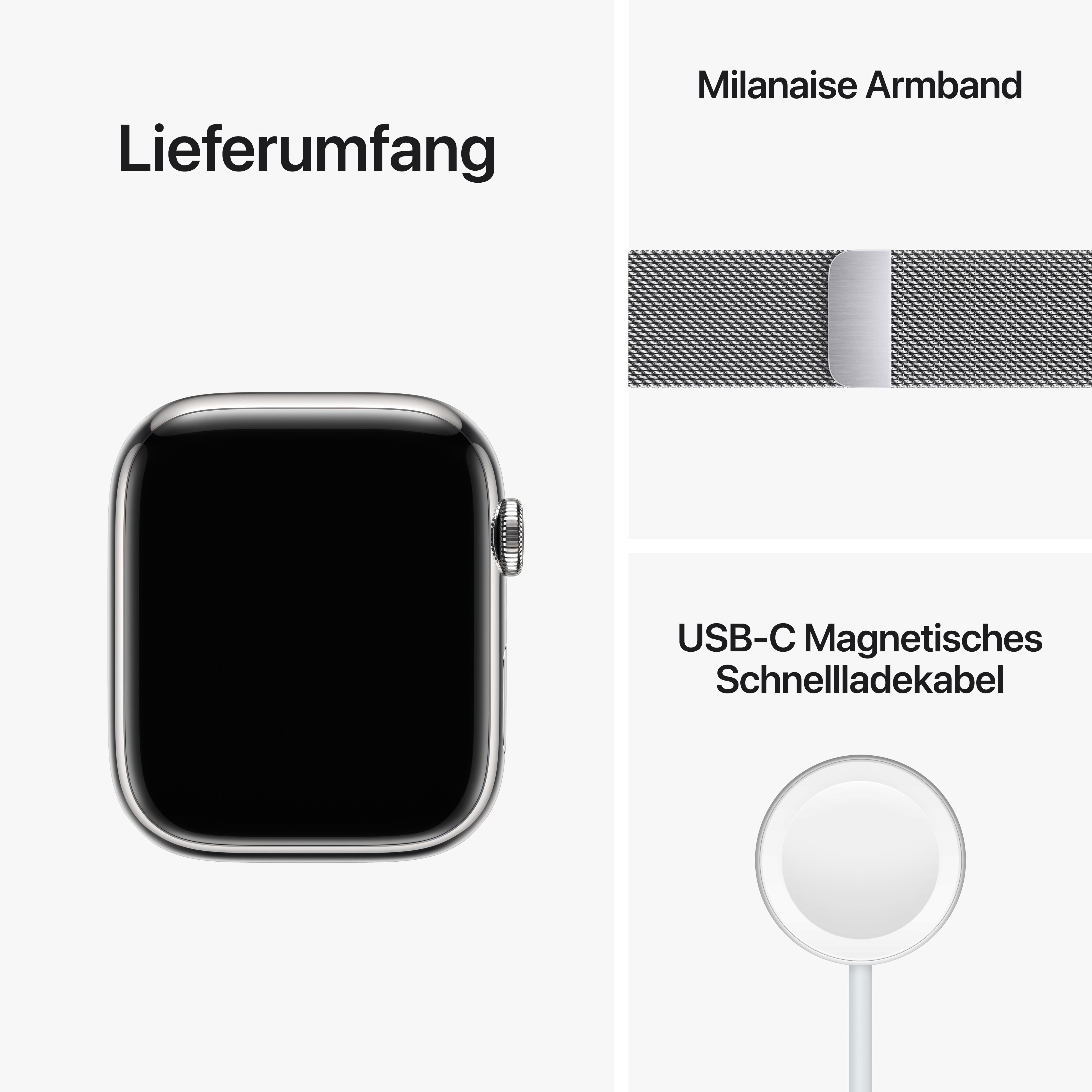 Apple Watch Series 8 LTE 45mm Edelstahl Silber Milanaise Silber