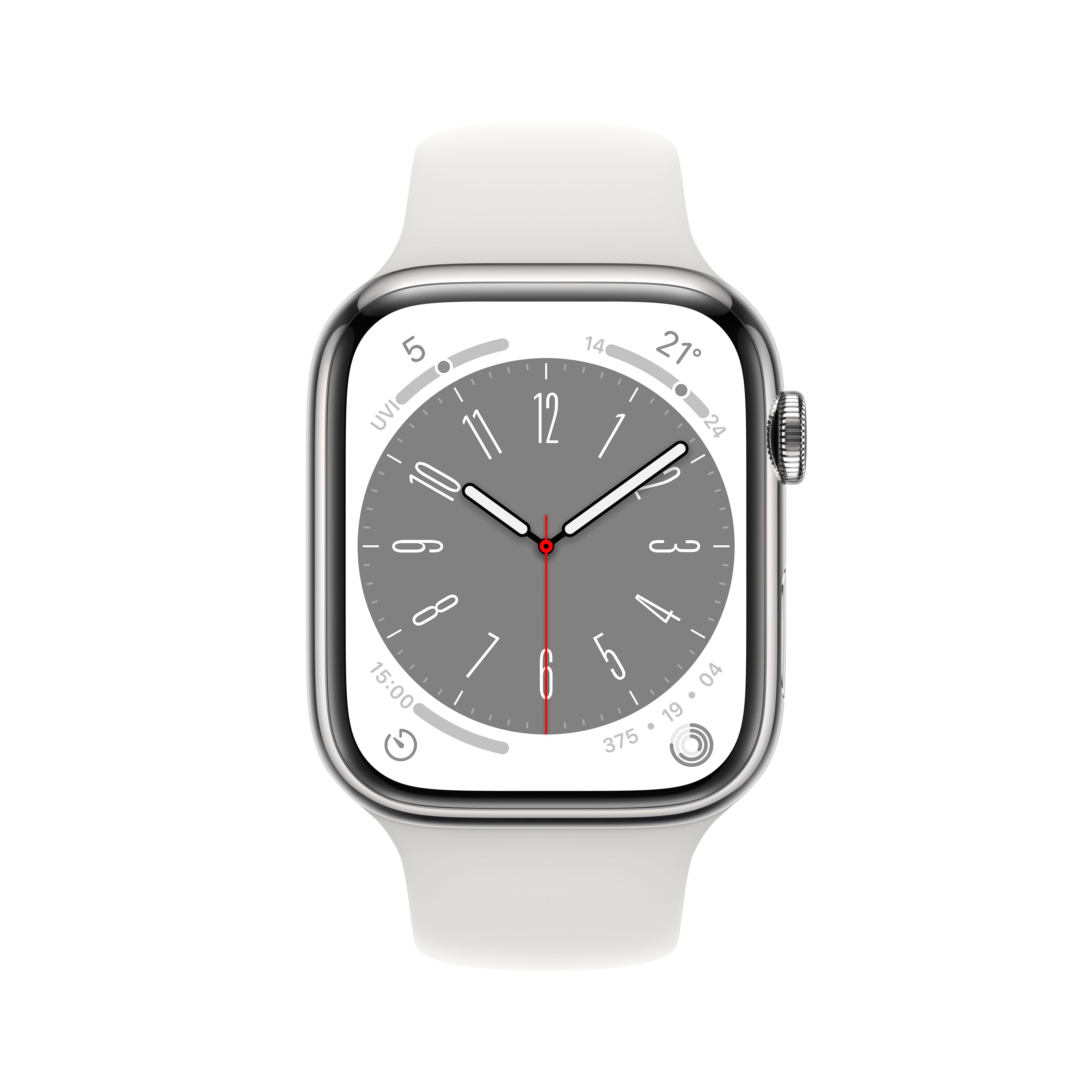 Apple Watch Series 8 LTE 45mm Edelstahl Silber Sportarmband Weiß