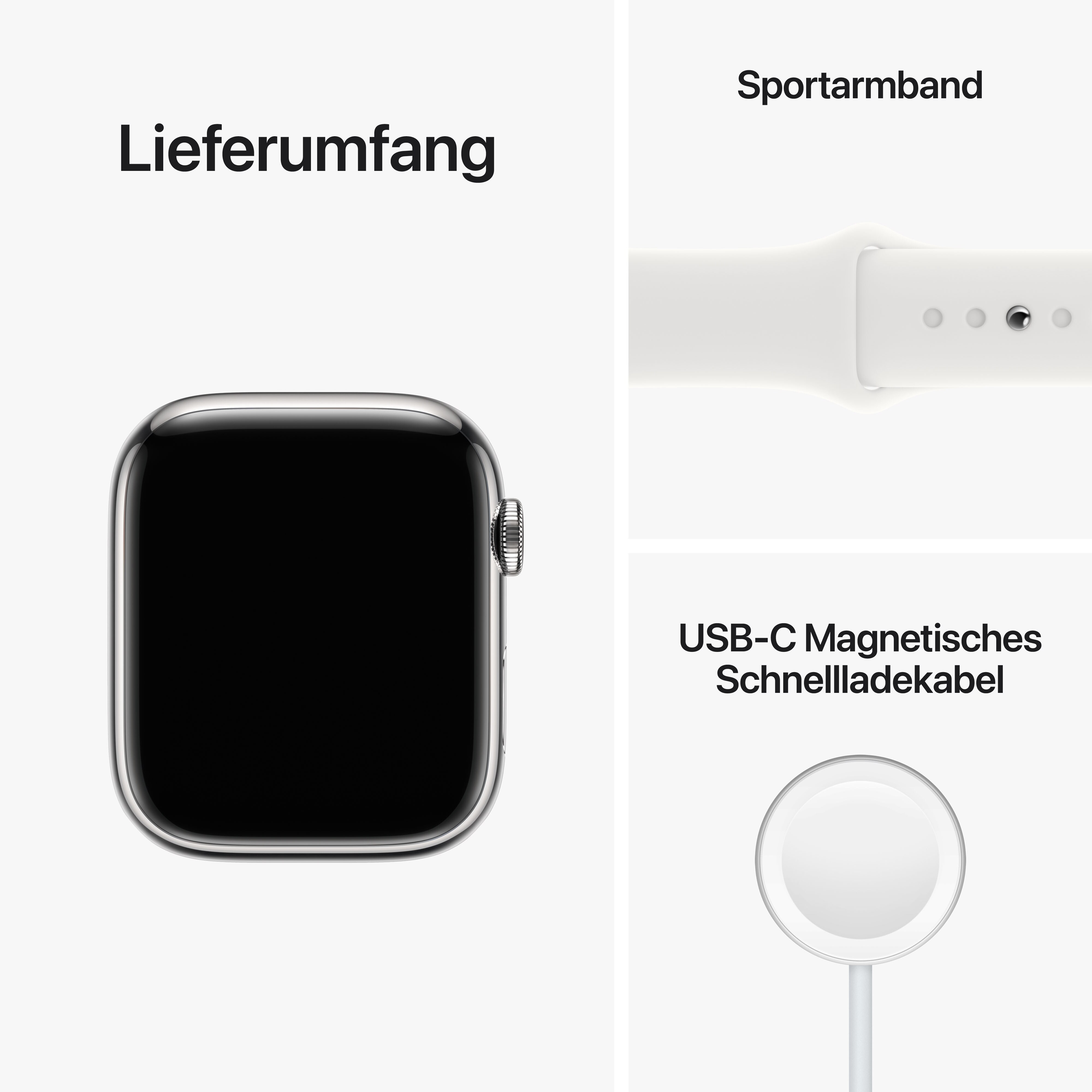 Apple Watch Series 8 LTE 45mm Edelstahl Silber Sportarmband Weiß