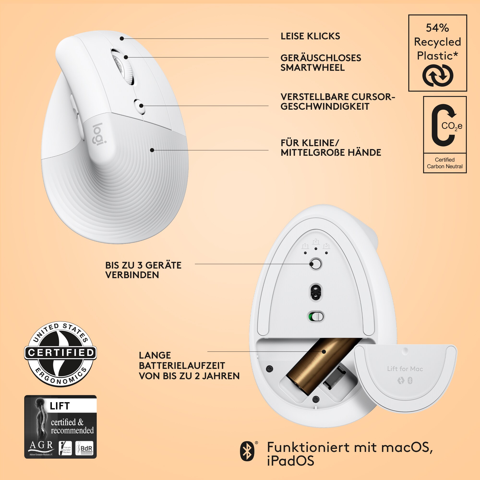 Logitech Lift für Mac Vertical Ergonomische Kabellose Maus Off White