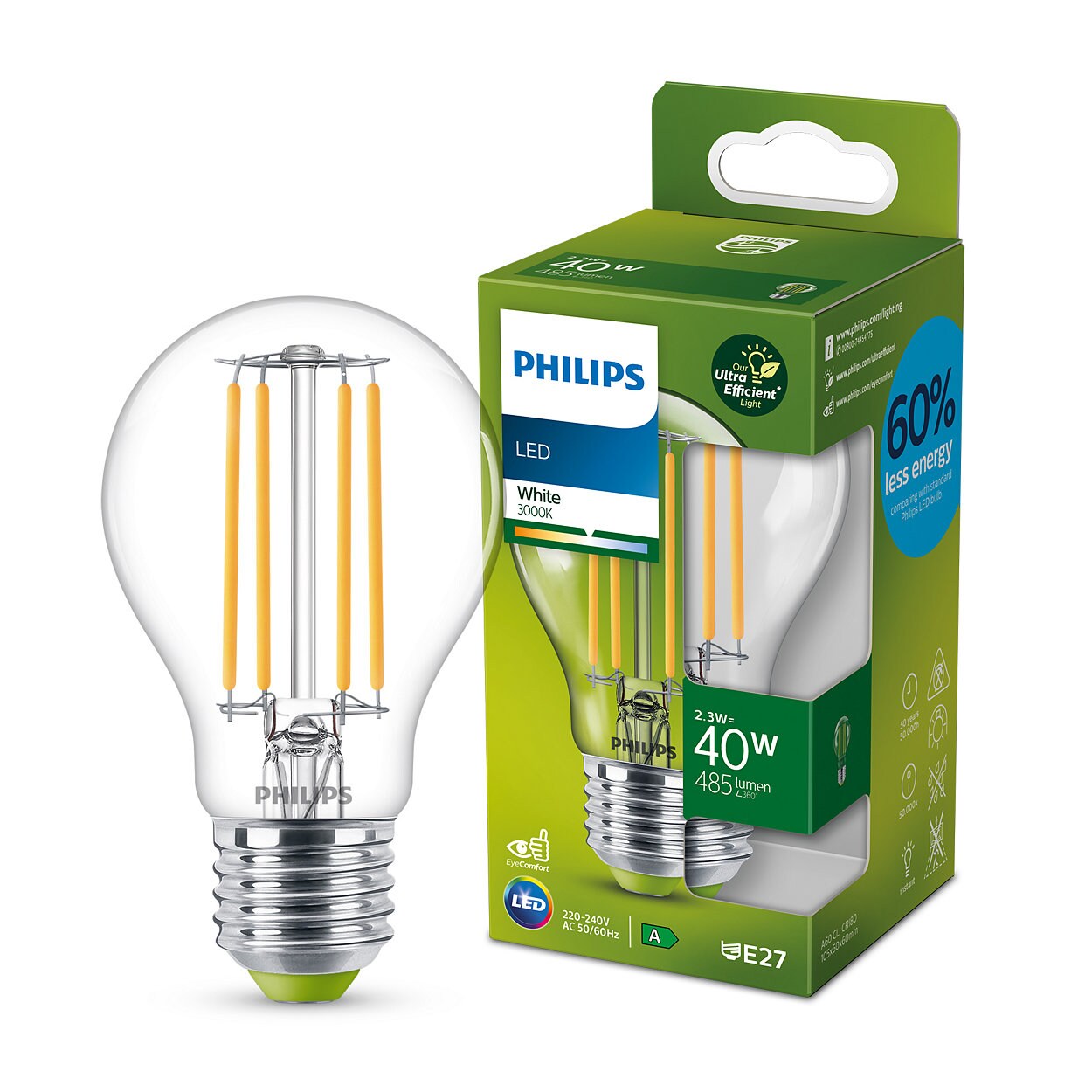 Philips Classic LED Lampe mit 40W, E27 Sockel, Klar, White (3000K)