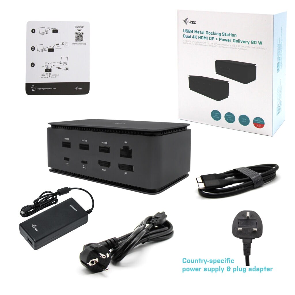 i-tec USB4 Metal Docking Station Dual 4K HDMI/DP PD 80W + Charger 112W