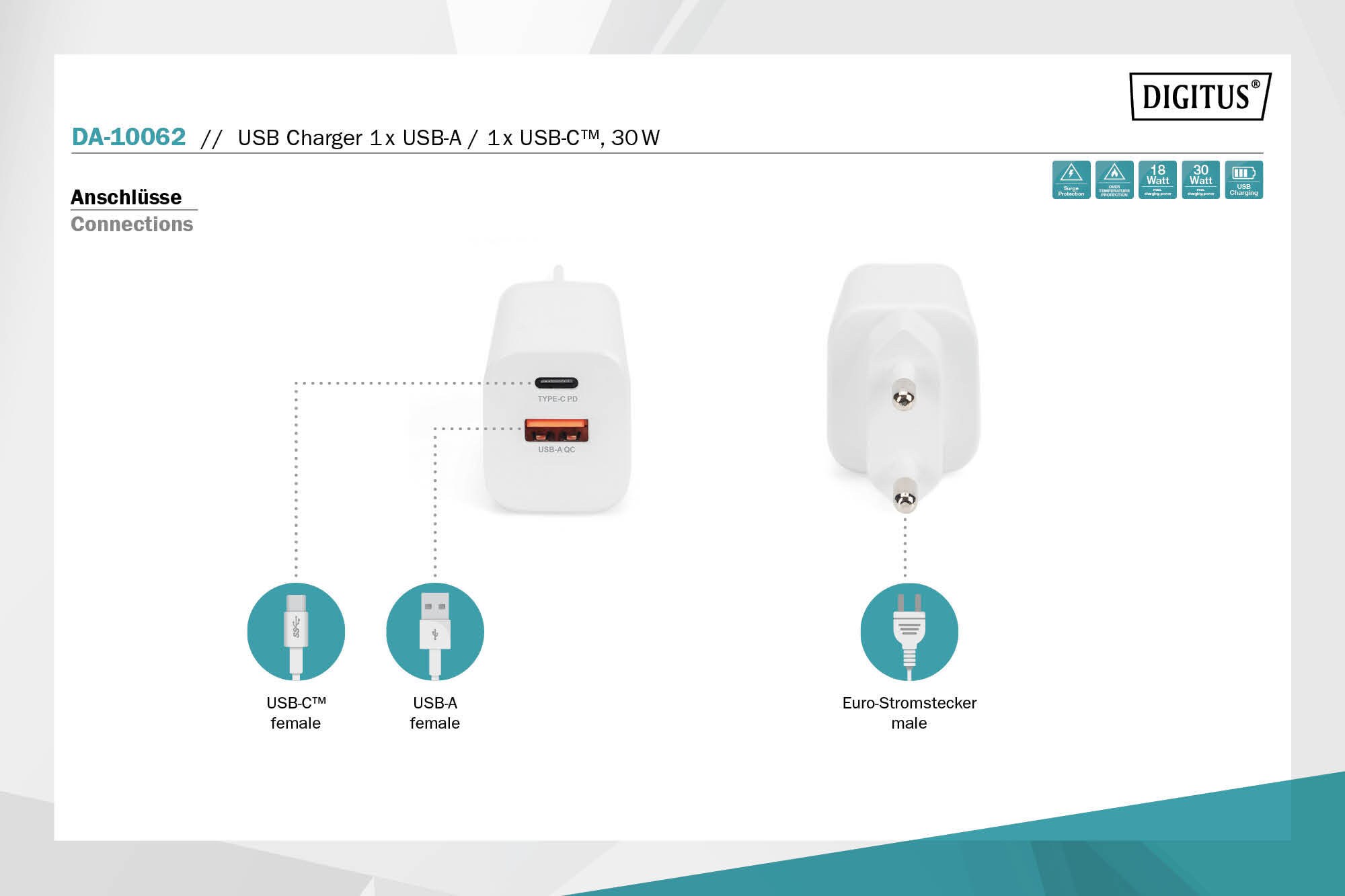 DIGITUS USB Ladegerät 1x USB-A / 1x USB-C, 30W