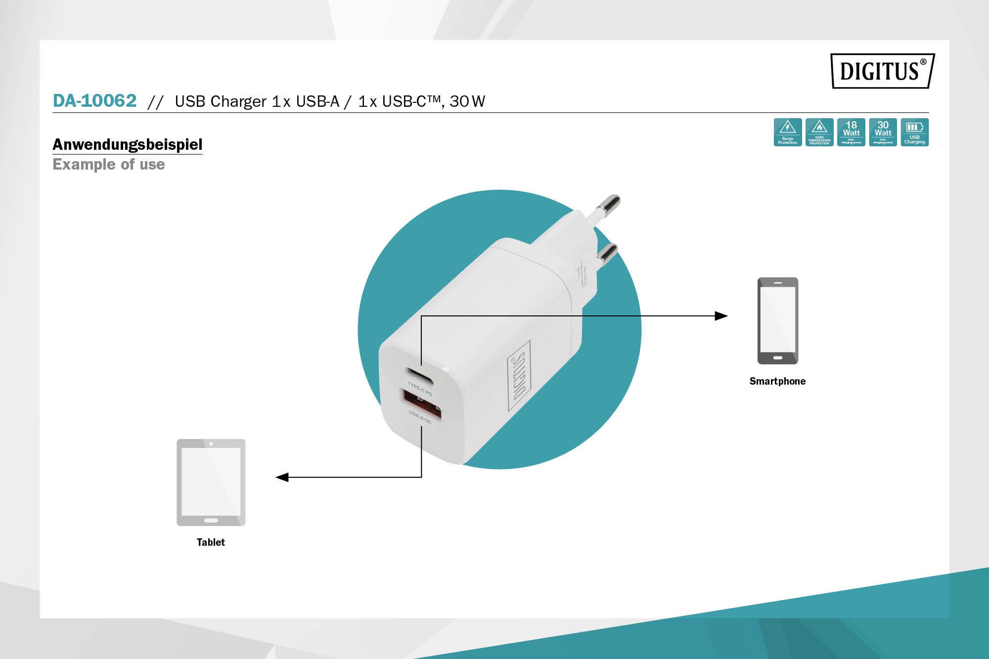 DIGITUS USB Ladegerät 1x USB-A / 1x USB-C, 30W