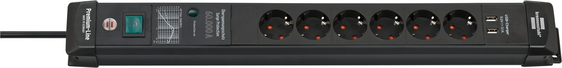 Brennenstuhl Premium-Line Steckdosenleiste 6-fach 3m mit 2 mal USB schwarz