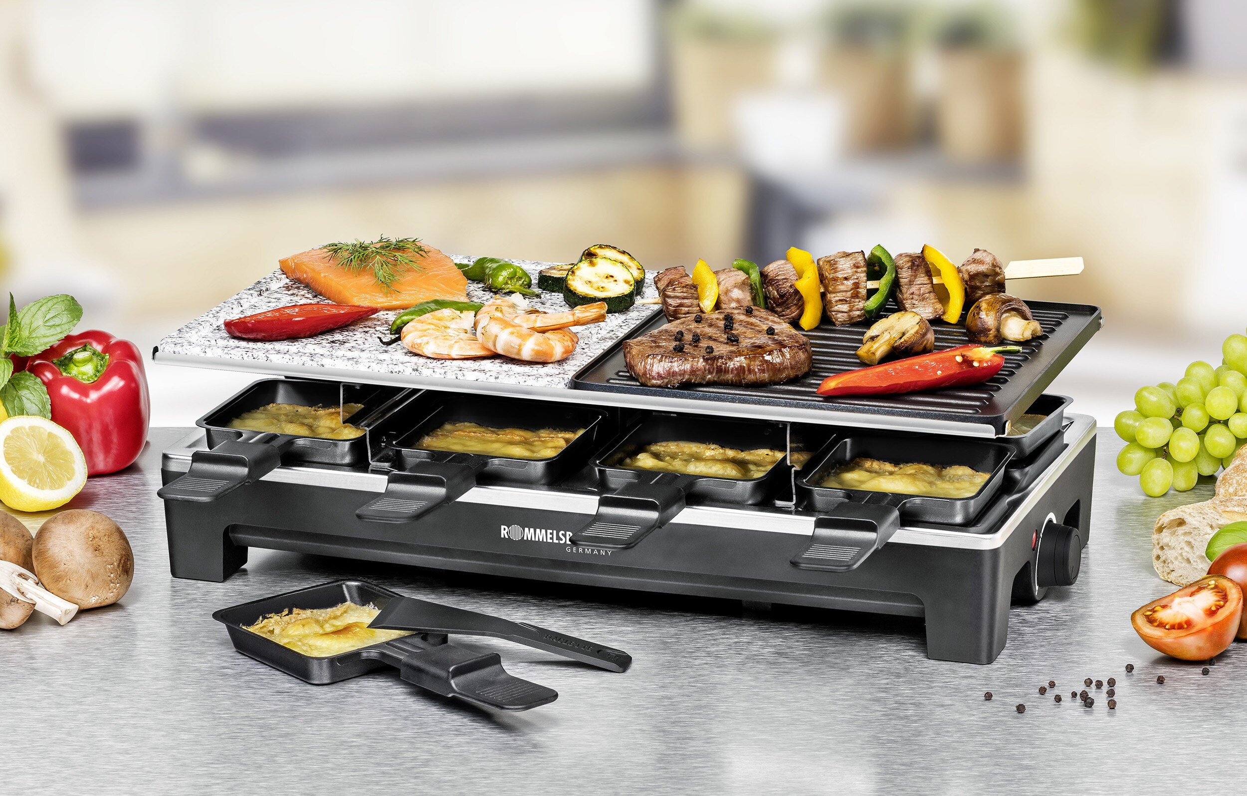 Rommelsbacher RCS 1350 Raclette-Grill Aluminium-Gehäuse 8er Wechselplatten