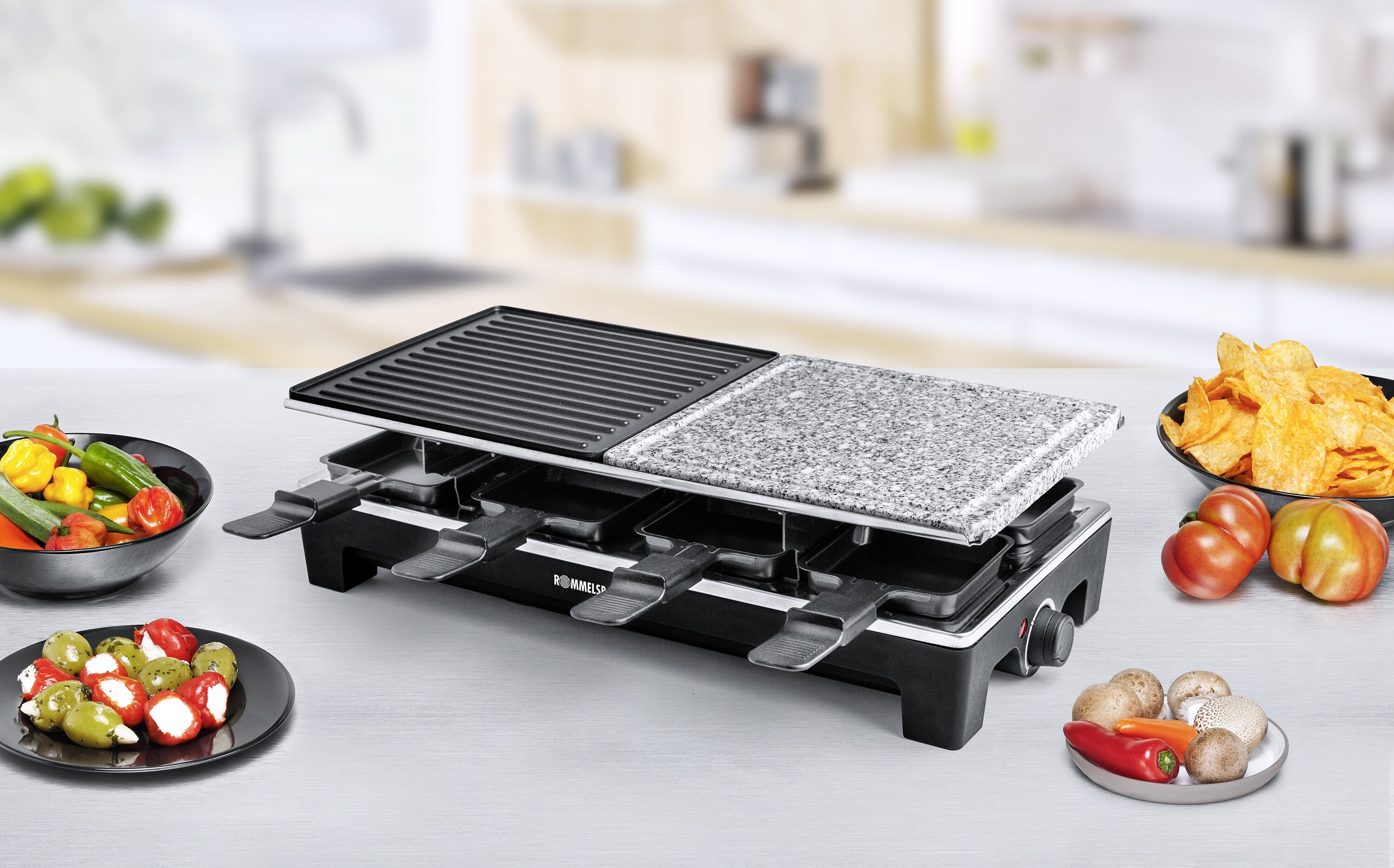 Rommelsbacher RCS 1350 Raclette-Grill Aluminium-Gehäuse 8er Wechselplatten