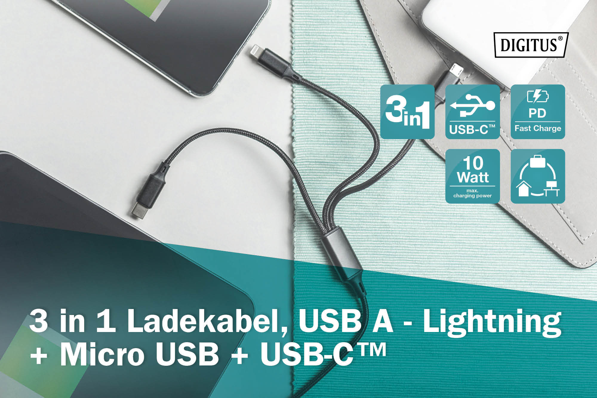 DIGITUS 3-in-1 Ladekabel, USB A - Lightning + Micro USB + USB-C