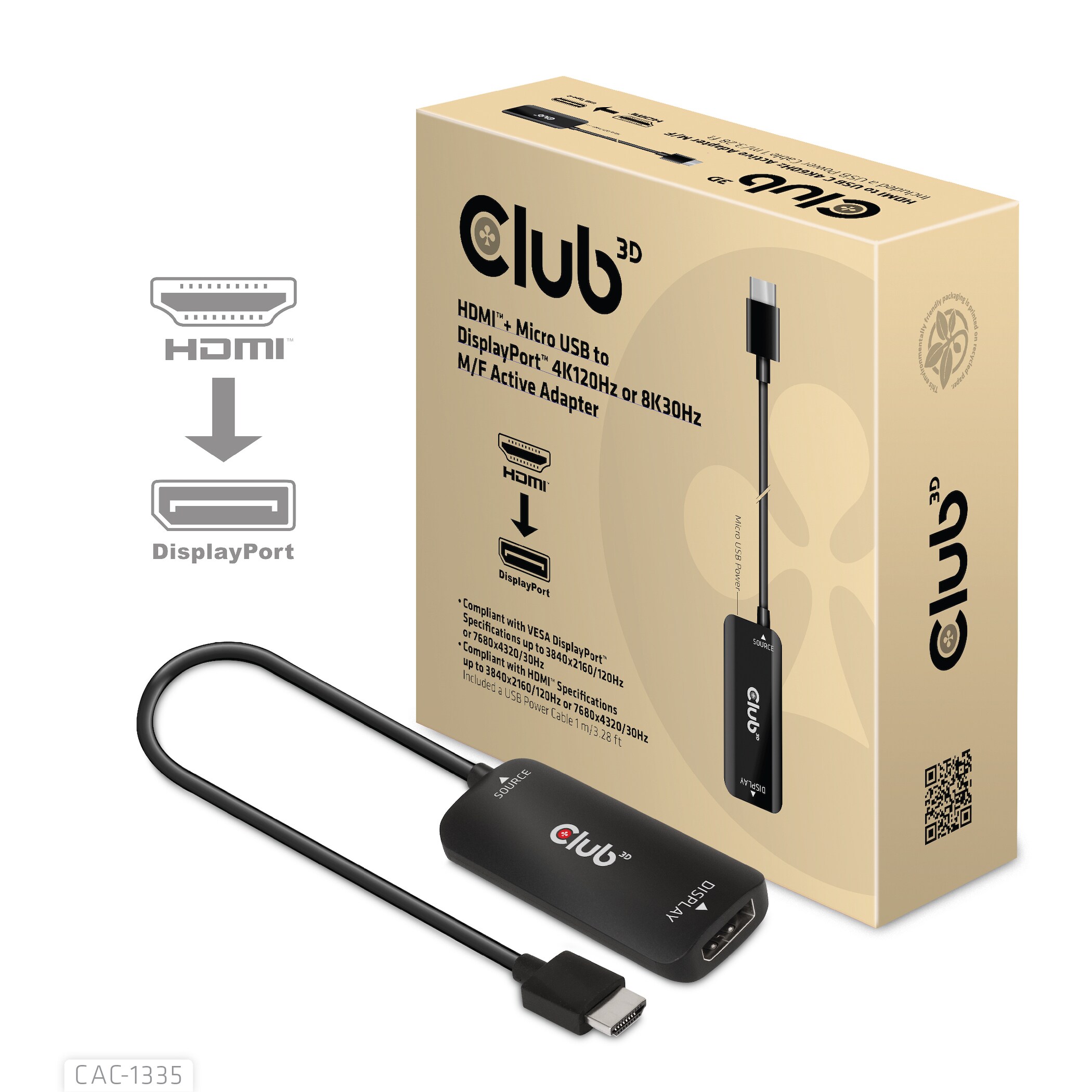 Club 3D HDMI + Micro USB auf DisplayPort 4K120Hz oder 8K30Hz St/B Adapter