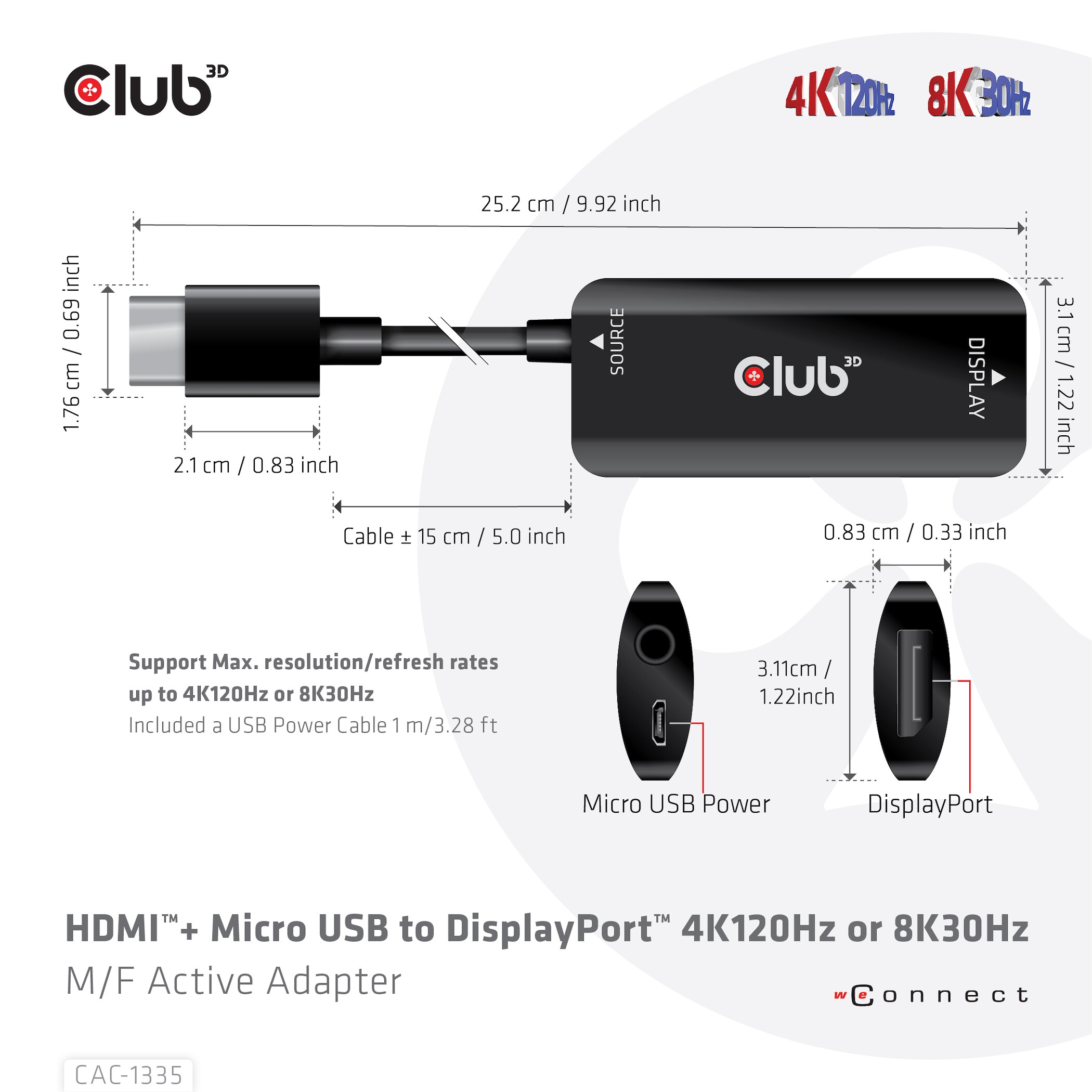 Club 3D HDMI + Micro USB auf DisplayPort 4K120Hz oder 8K30Hz St/B Adapter