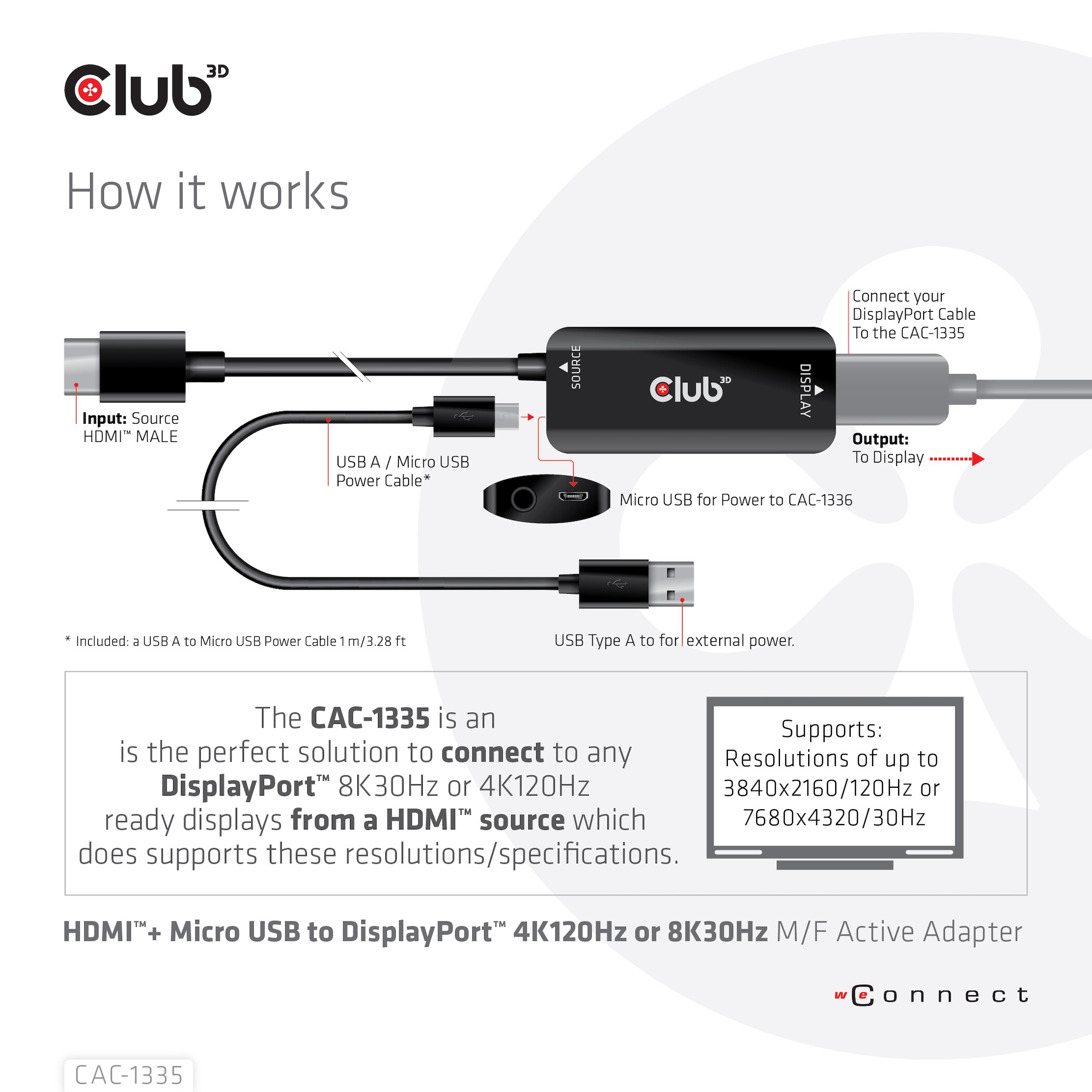 Club 3D HDMI + Micro USB auf DisplayPort 4K120Hz oder 8K30Hz St/B Adapter