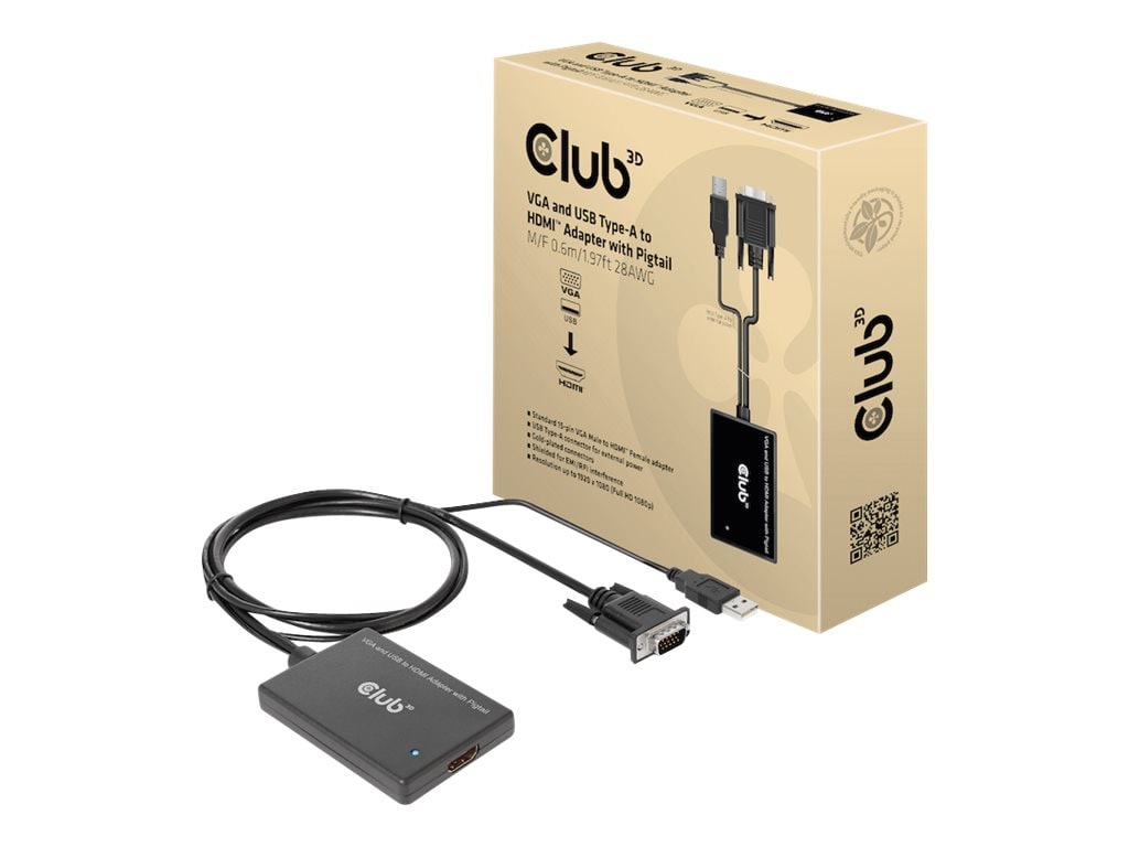 Club 3D VGA- und USB-Typ-A auf HDMI-Adapter mit Pigtail St./B. 0,6m 28AWG