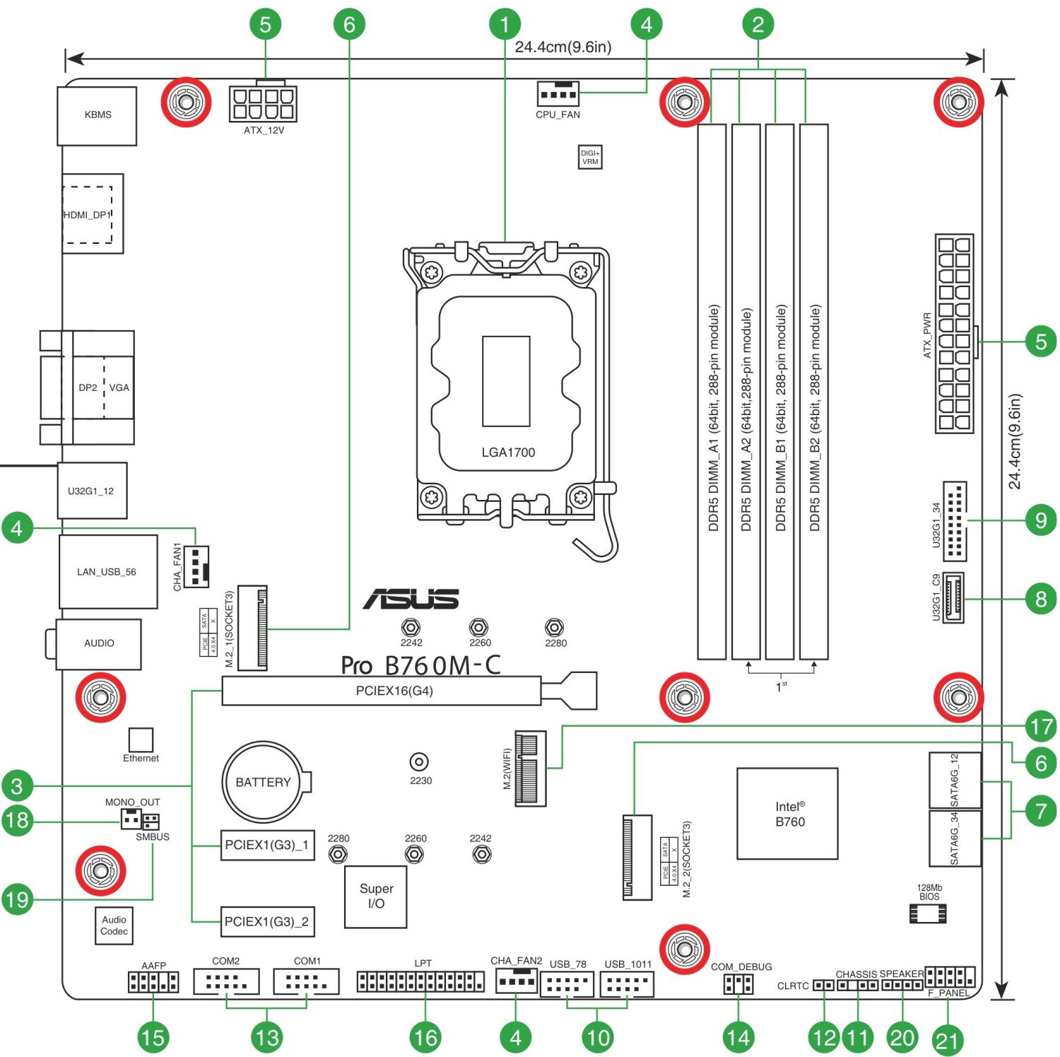 ASUS Pro B760M-C-CSM mATX Mainboard Sockel 1700 DP/HDMI/VGA/PS2/USB3.0