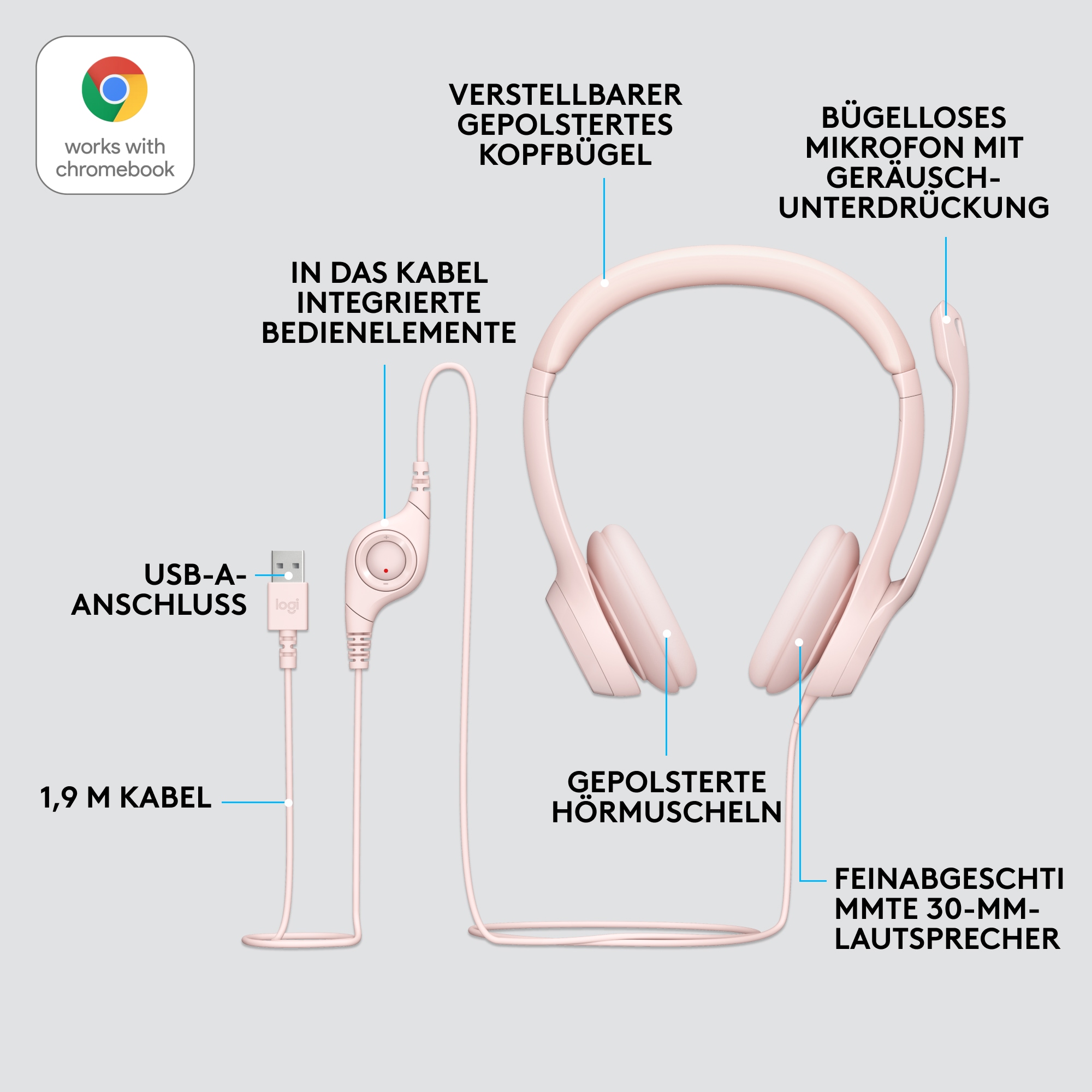 Logitech H390 Kabelgebundenes Beidseitiges Headset USB Rosé