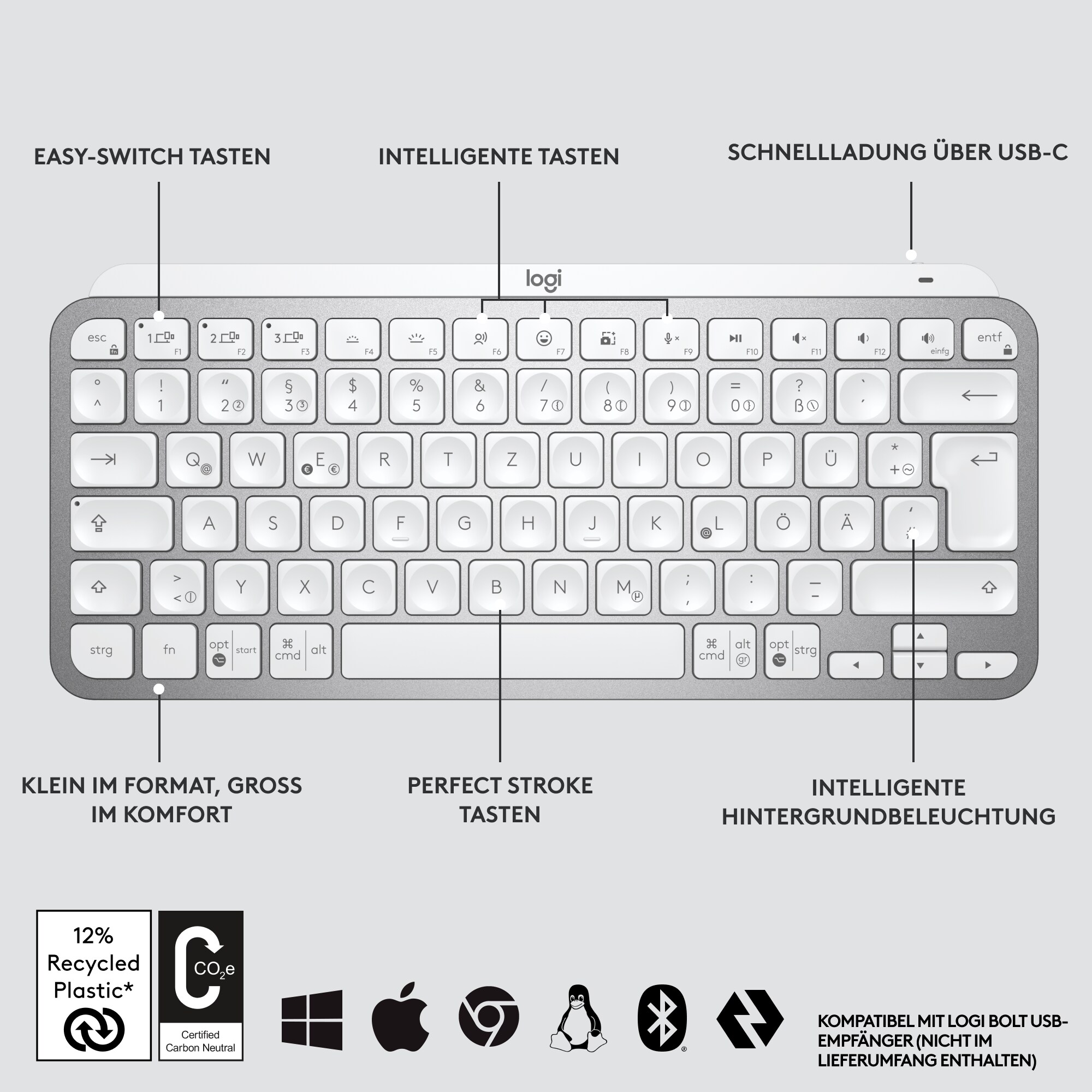 Logitech MX Keys Mini Kabellose Tastatur Grey