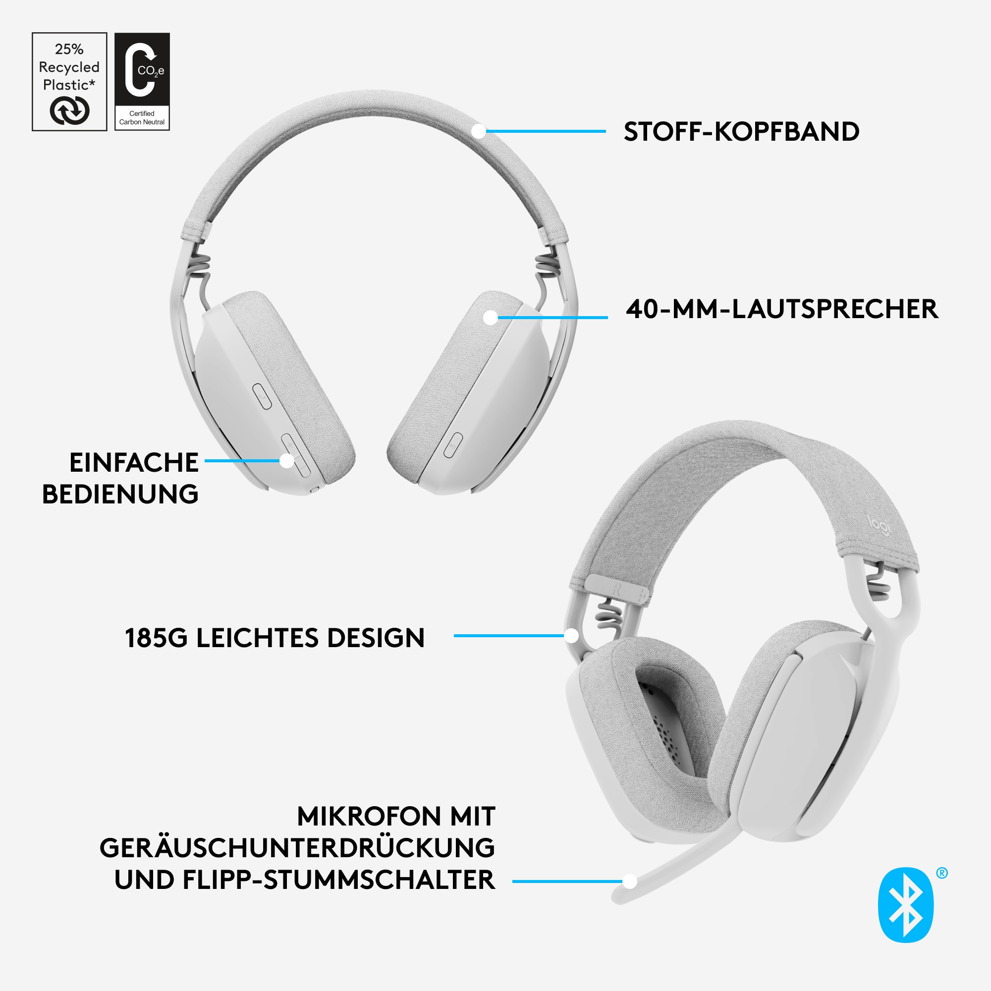 Logitech Zone Vibe 100 Kabelloses Headset Off White