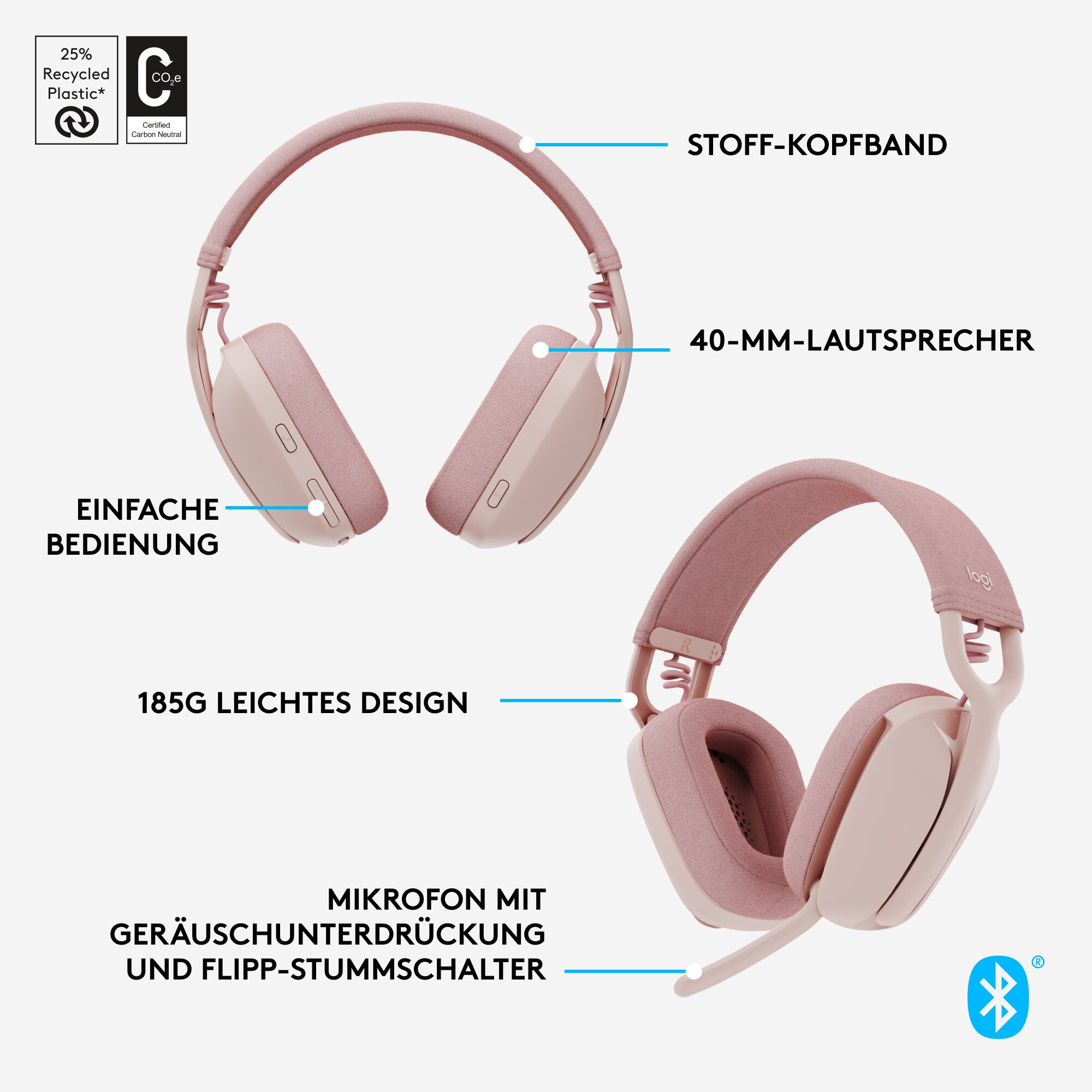 Logitech Zone Vibe 100 Kabelloses Headset Rose