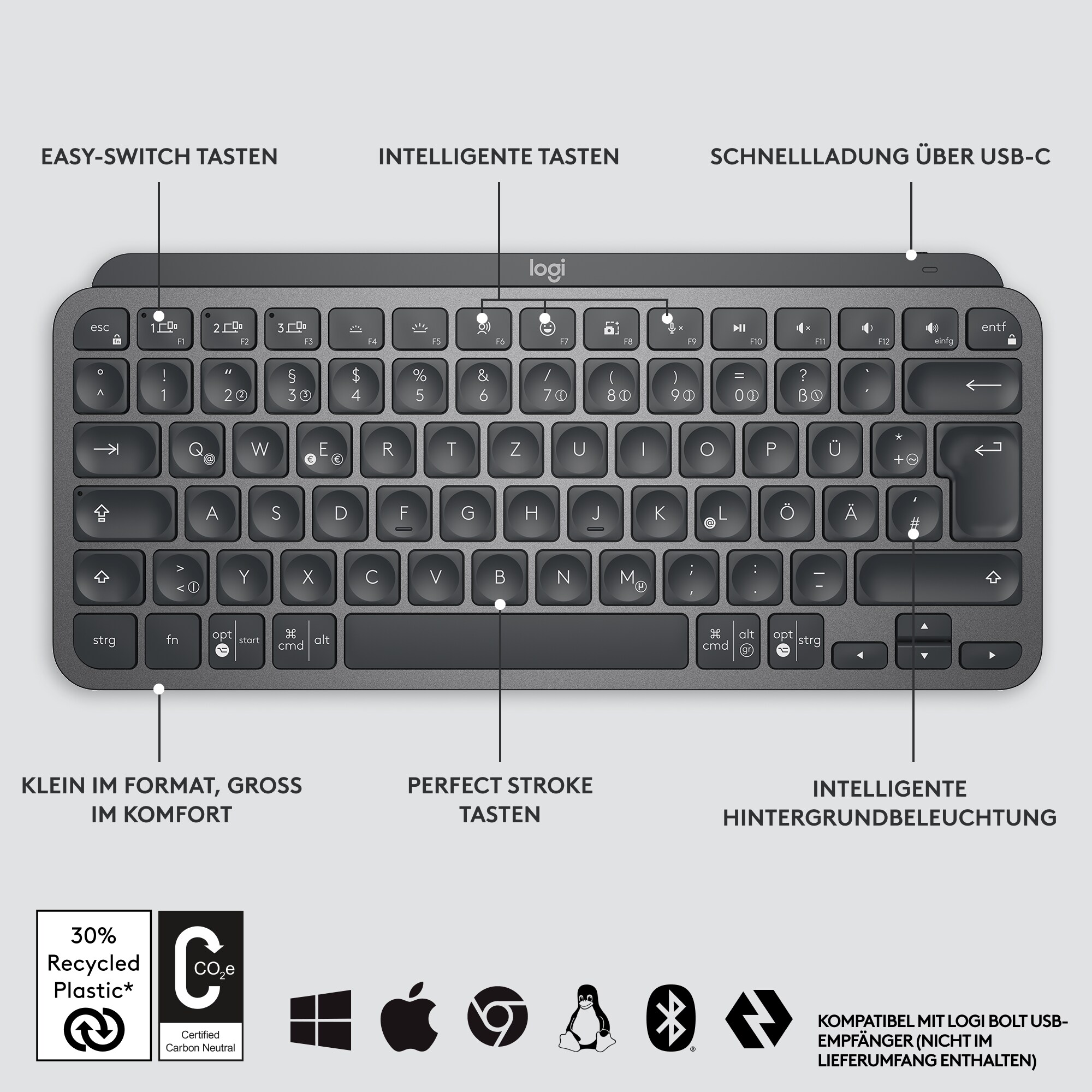 Logitech MX Keys Mini Kabellose Tastatur Graphite