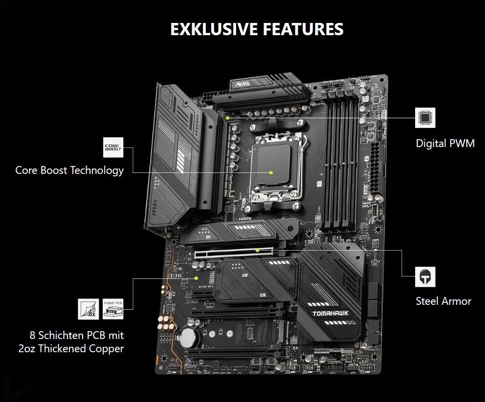 MSI MAG X670E Tomahawk Wifi ATX Mainboard Sockel AM5 4x M.2/USB-C/HDMI/DP