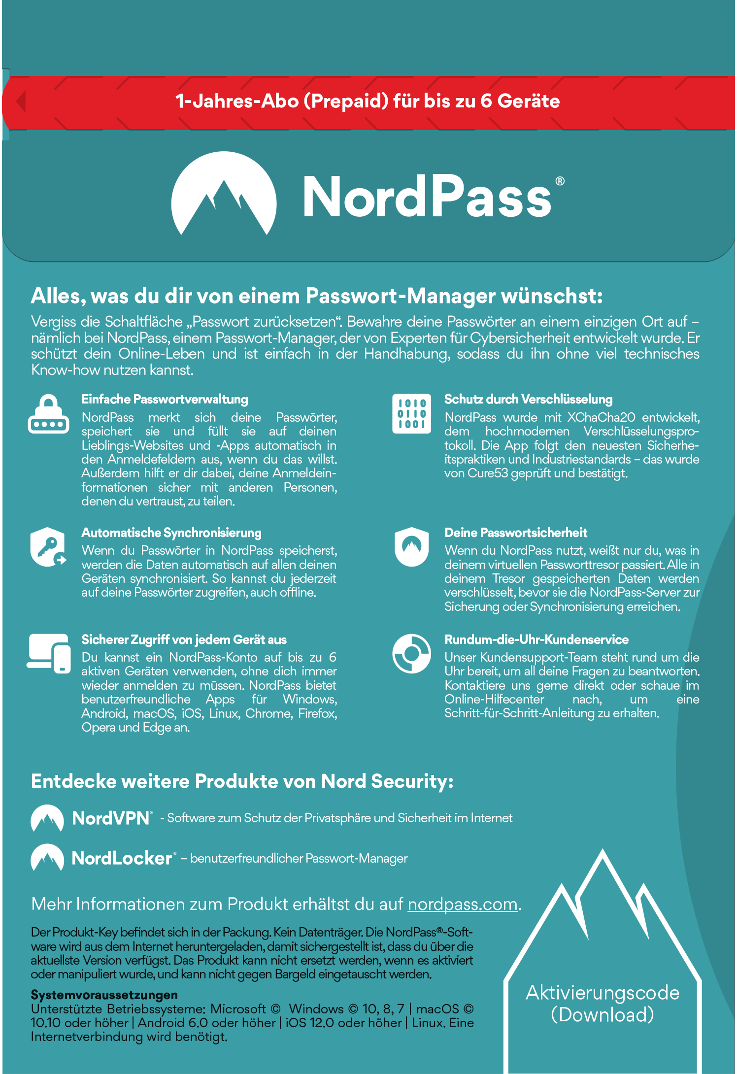 NordVPN NordPass | 6 Nutzer | 1 Jahr | Download &amp; Produktschlüssel