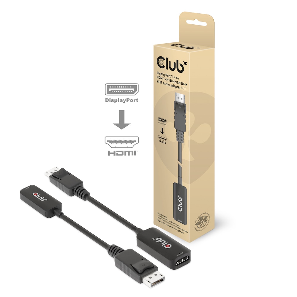 Club 3D DisplayPort 1.4 auf HDMI 4K120Hz/8K60Hz HDR-Aktiv-Adapter St./B 0,1m